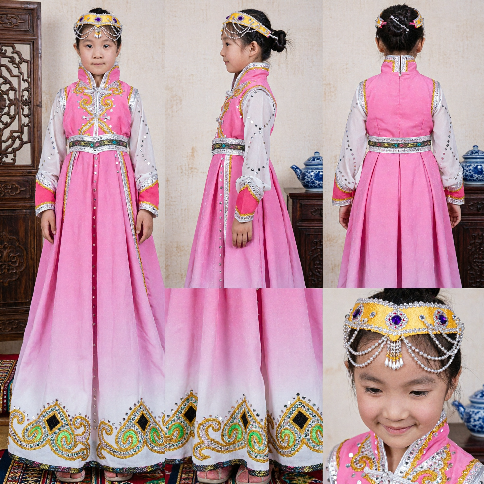 ثوب أداء الرقص المنغولي التقليدي الوردي للفتيات الصغيرات مع تطريز طويل للعروض المسرحية - Asian Costume