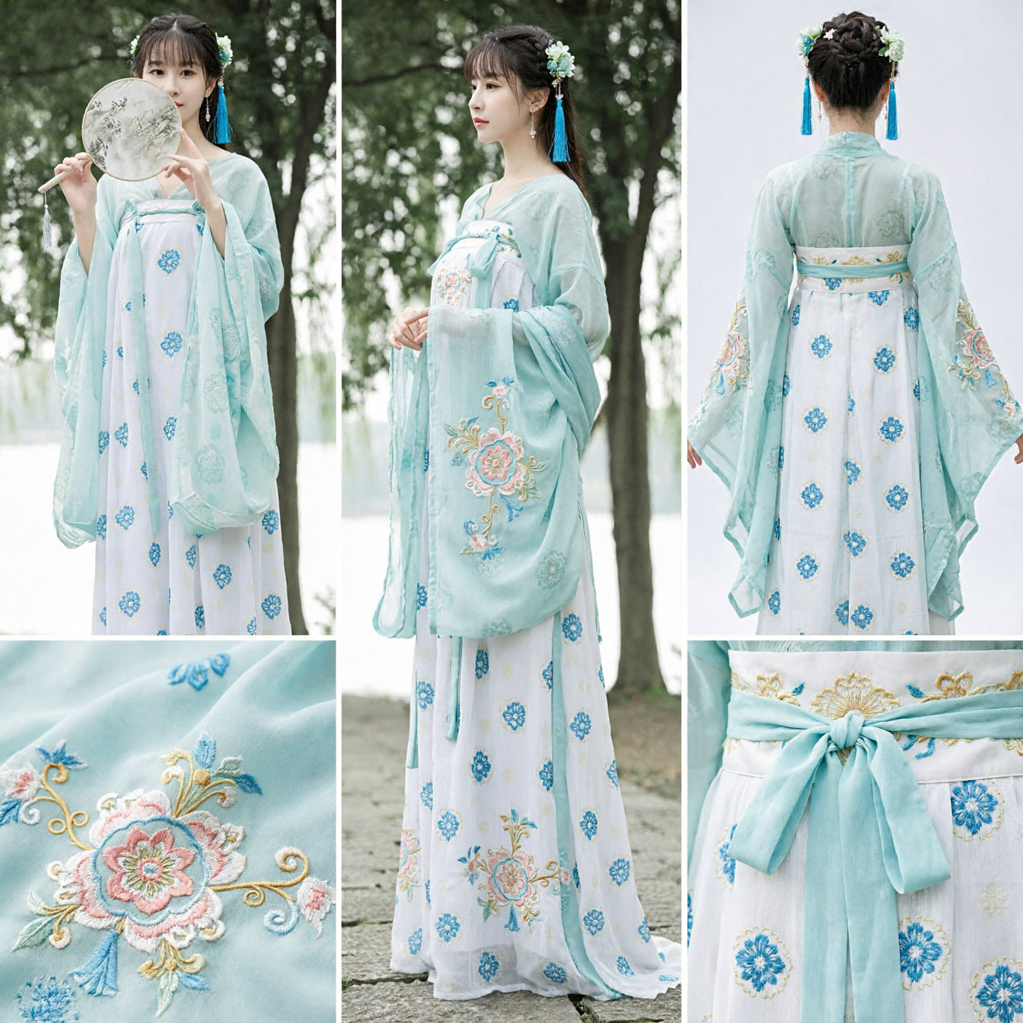 Vestido Hanfu Azul com Floral Tradicional Chinês, Traje Antigo para Mulheres em Fotografia e Festivais - Asian Costume