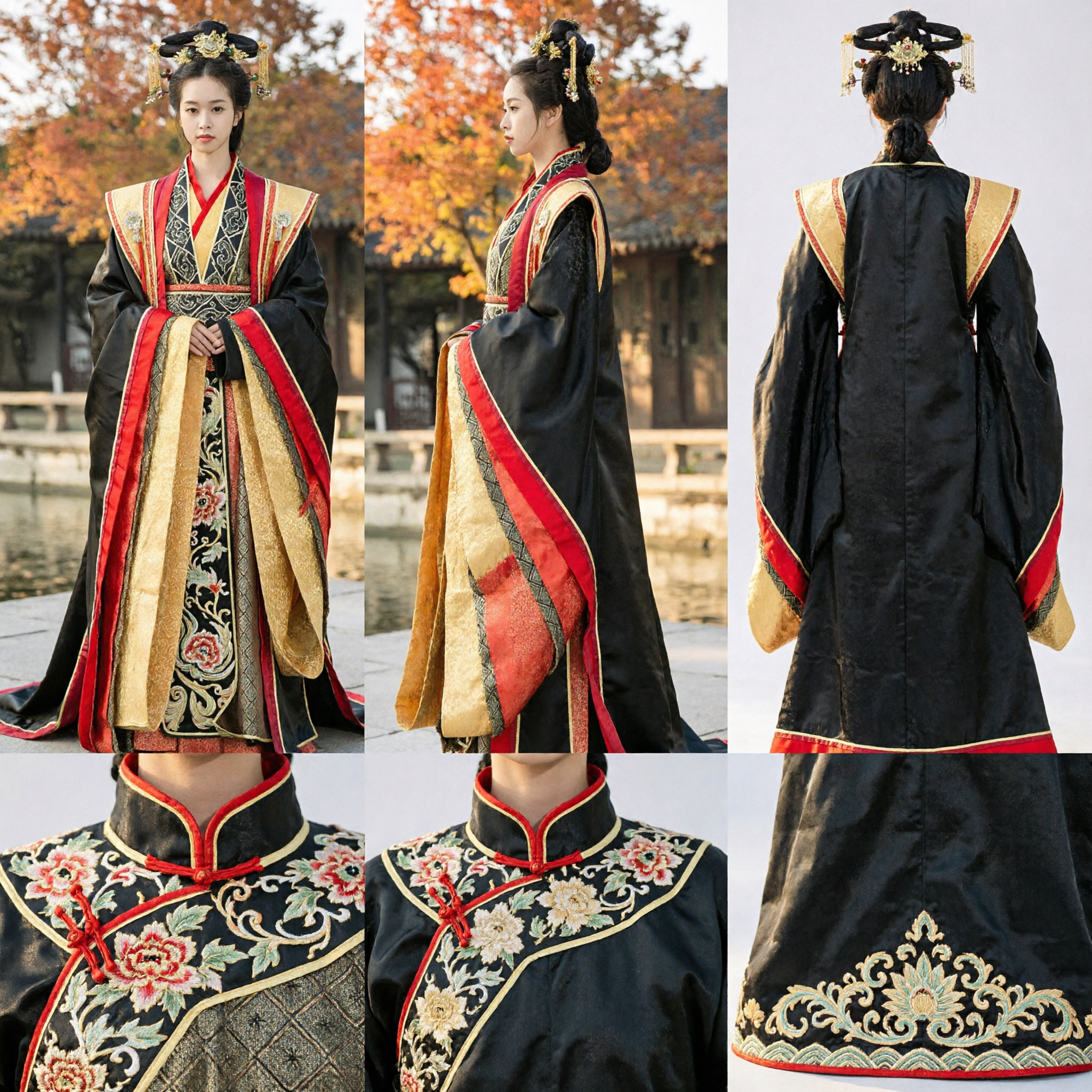 전통 중국 한푸 고대 궁중 황후 의상 검정색과 금색 로열 드레스 여성용 - Asian Costume