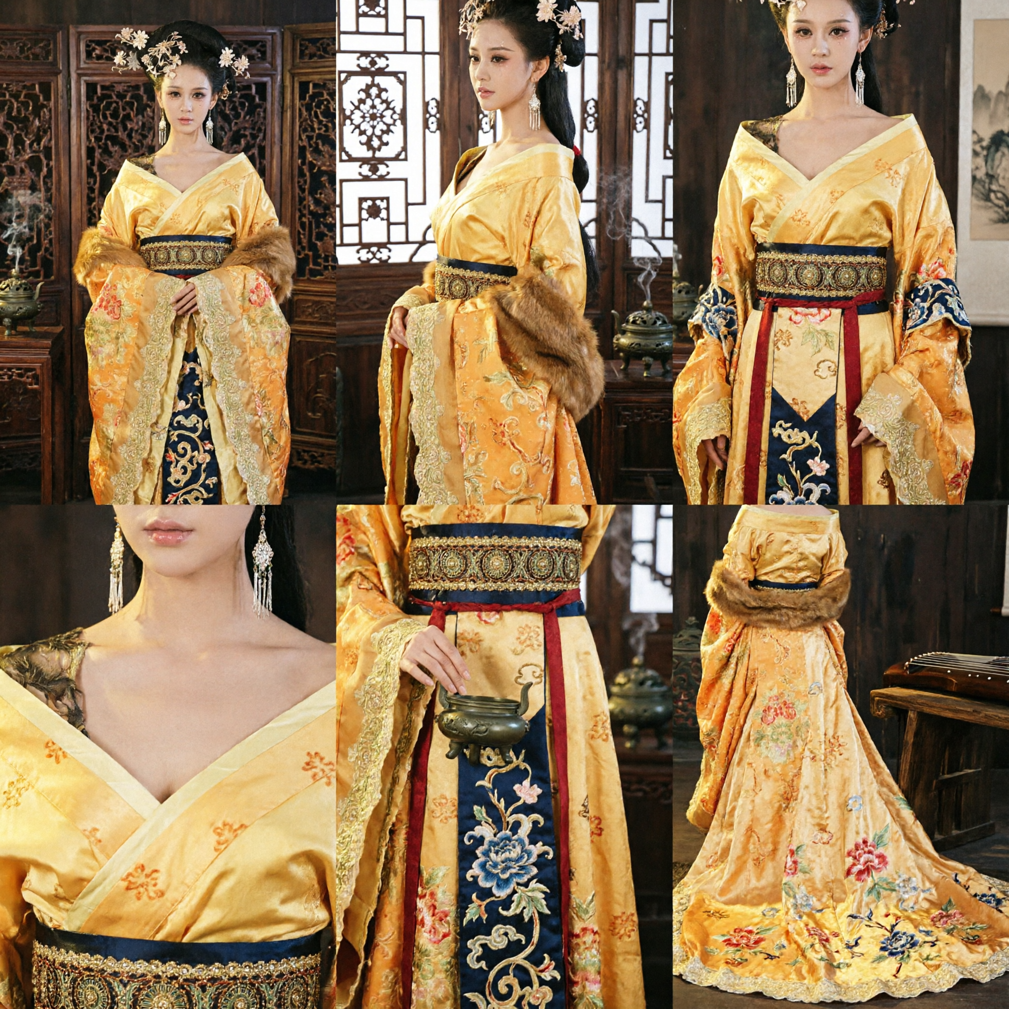 Antikes Chinesisches Tang-Dynastie Hofdamen-Kaiserinnenkostüm Gelbes Seiden-Hanfu-Kleid für Frauen Cosplay Aufführung - Asian Costume