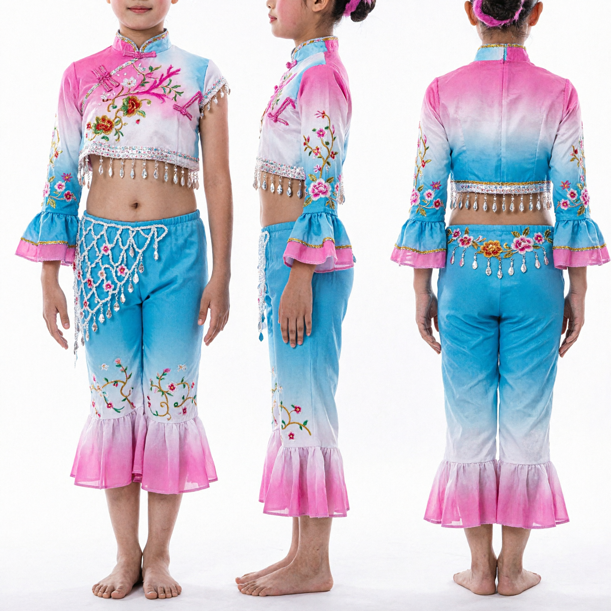 Costume de danse folklorique chinoise pour filles enfants, pantalon queue-de-poisson rose et bleu, tenue de performance scénique pour compétition - Asian Costume