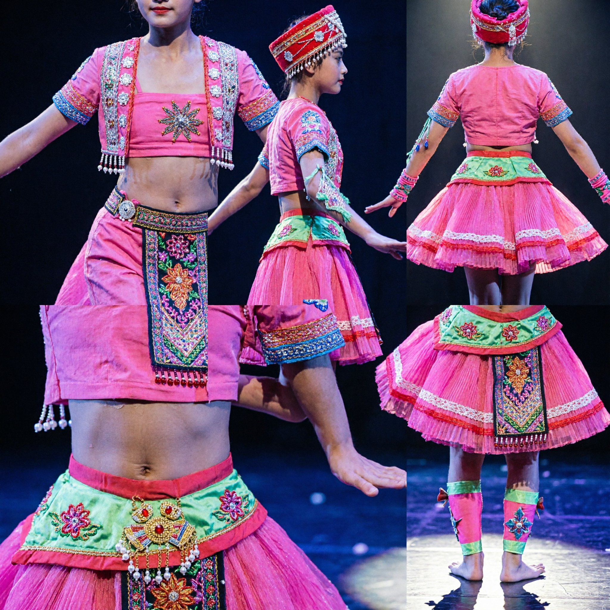 Costume de danse folklorique chinoise rose vif pour filles, tenue de performance scénique traditionnelle des minorités ethniques, ensemble complet - Asian Costume