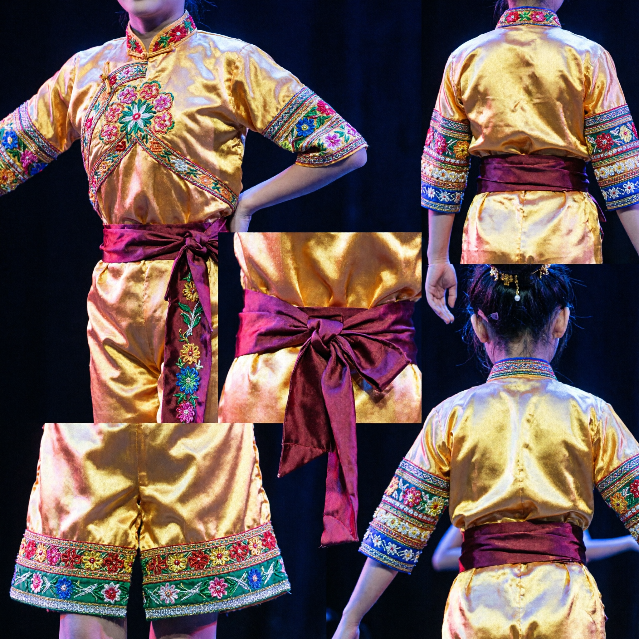 Costume per Danza Folk Cinese per Bambini, Abito da Spettacolo Tradizionale Giallo Floreale per Ragazzi e Ragazze - Asian Costume