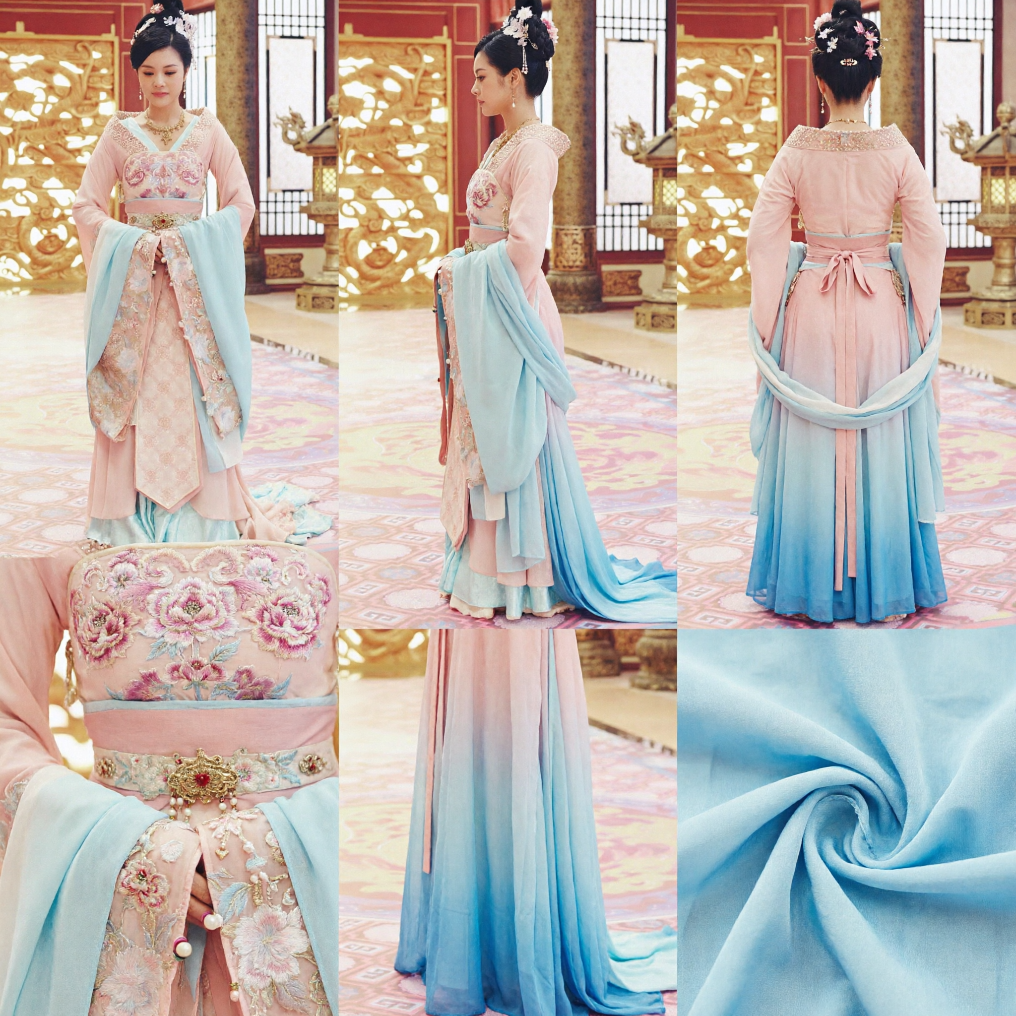 Traje Tradicional de Princesa de la Dinastía Tang Hanfu, Vestido Rosa y Azul Bordado para Damas del Palacio - Asian Costume