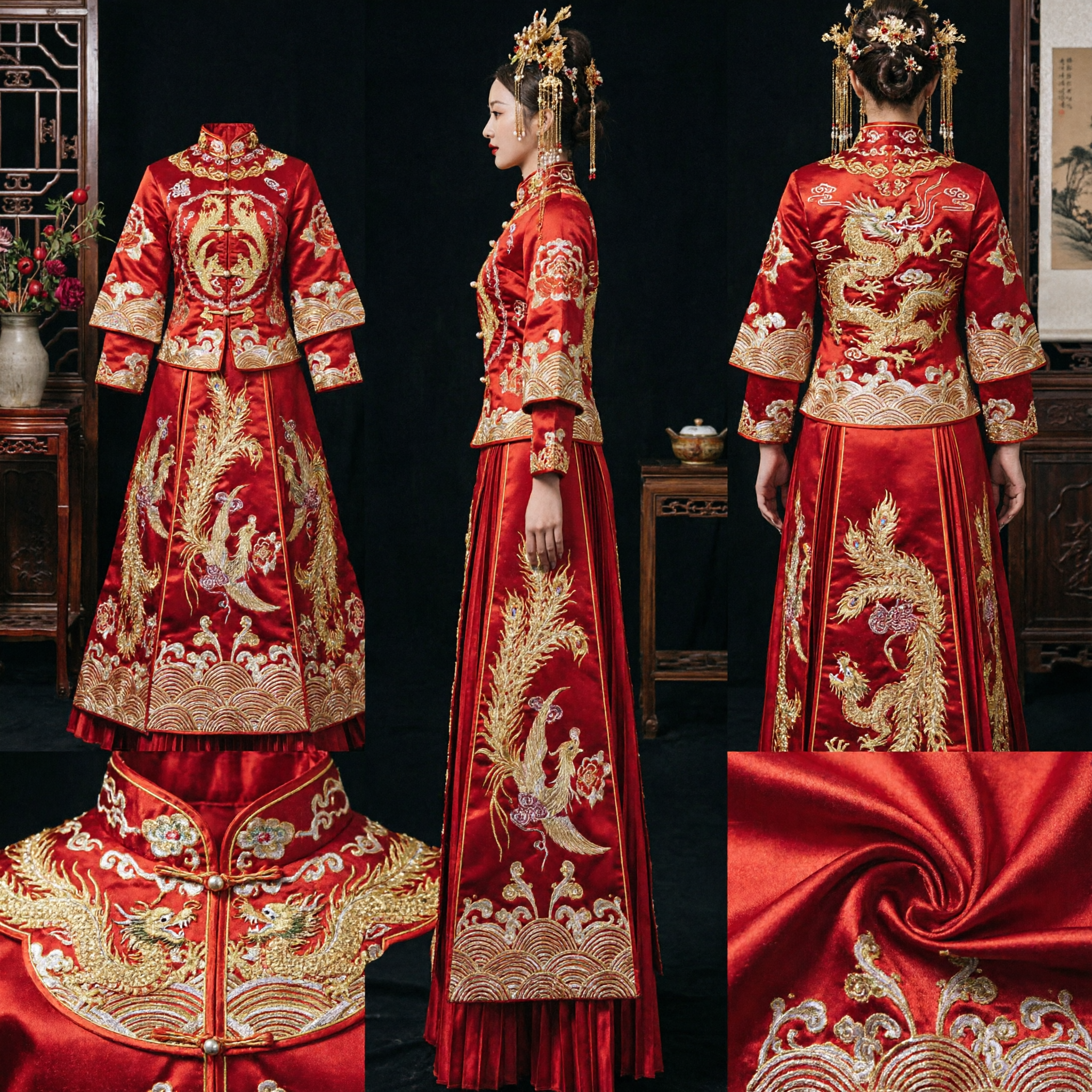 伝統的中国ウェディングドレス 赤い刺繍入り龍鳳袍 秀禾服 古代花嫁衣装 - Asian Costume