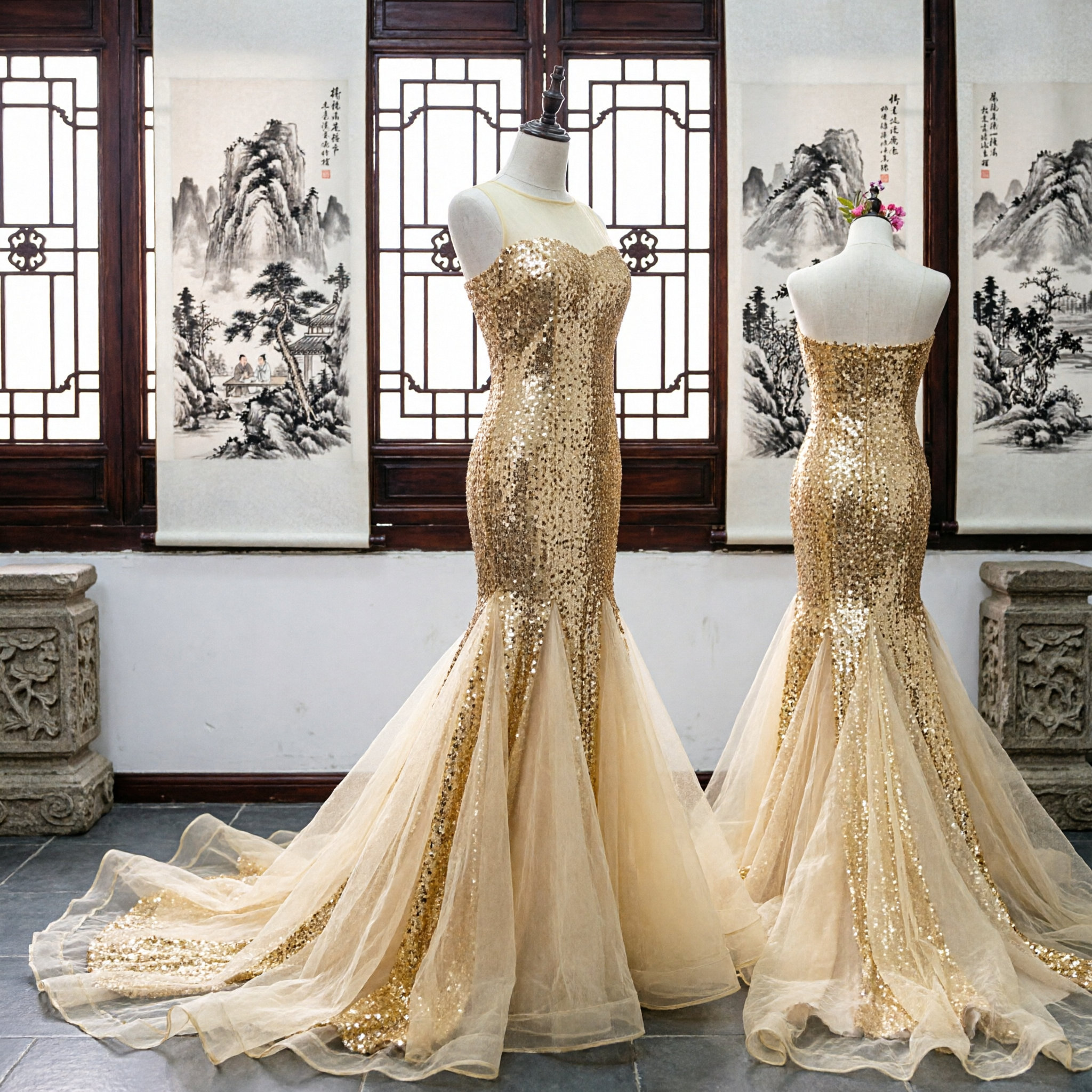 Robe de soirée sirène élégante à paillettes dorées, robe de bal sans bretelles pour femmes, tenue de pageant et de soirée formelle - Asian Costume