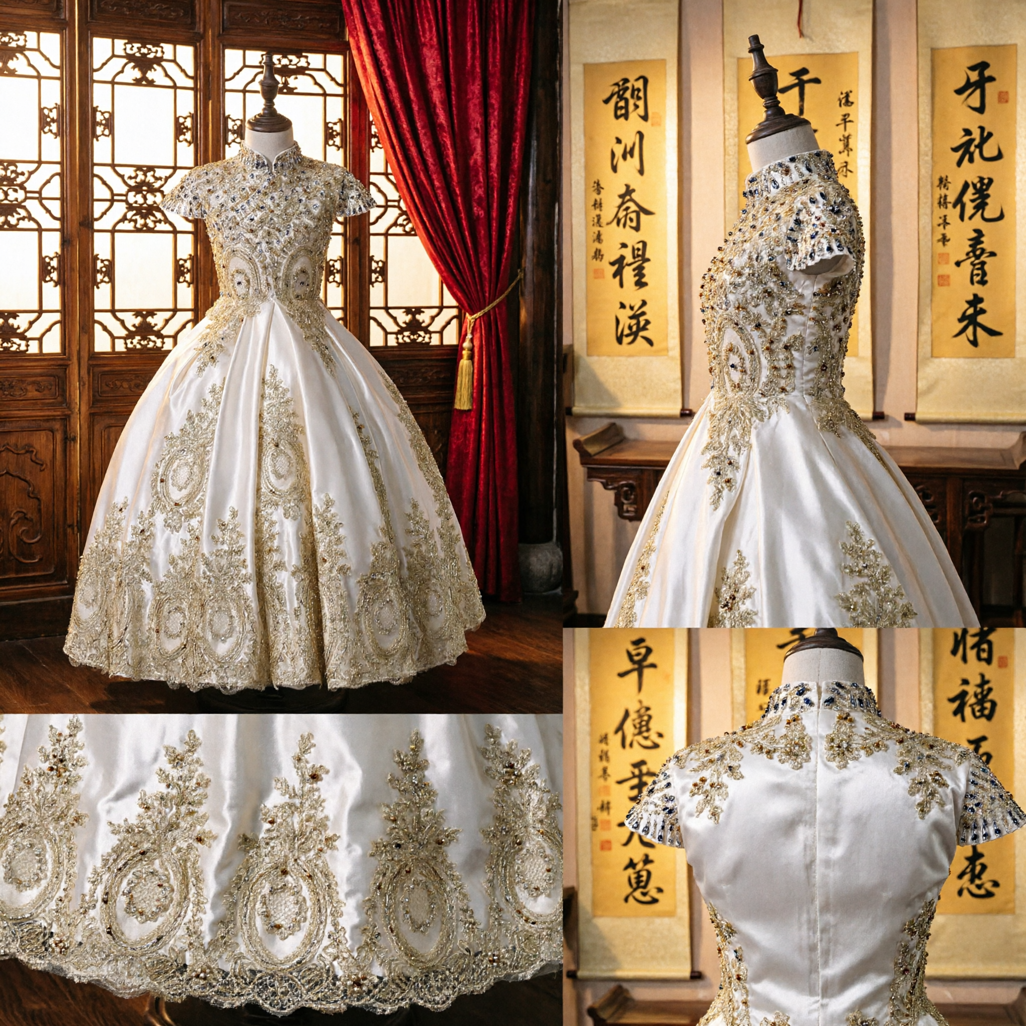 Luxury Gold Embroidery Chinese Wedding Dress Traditional Ballgown Bride Gown Mandarin Collar Cheongsam Style - Asian Costume