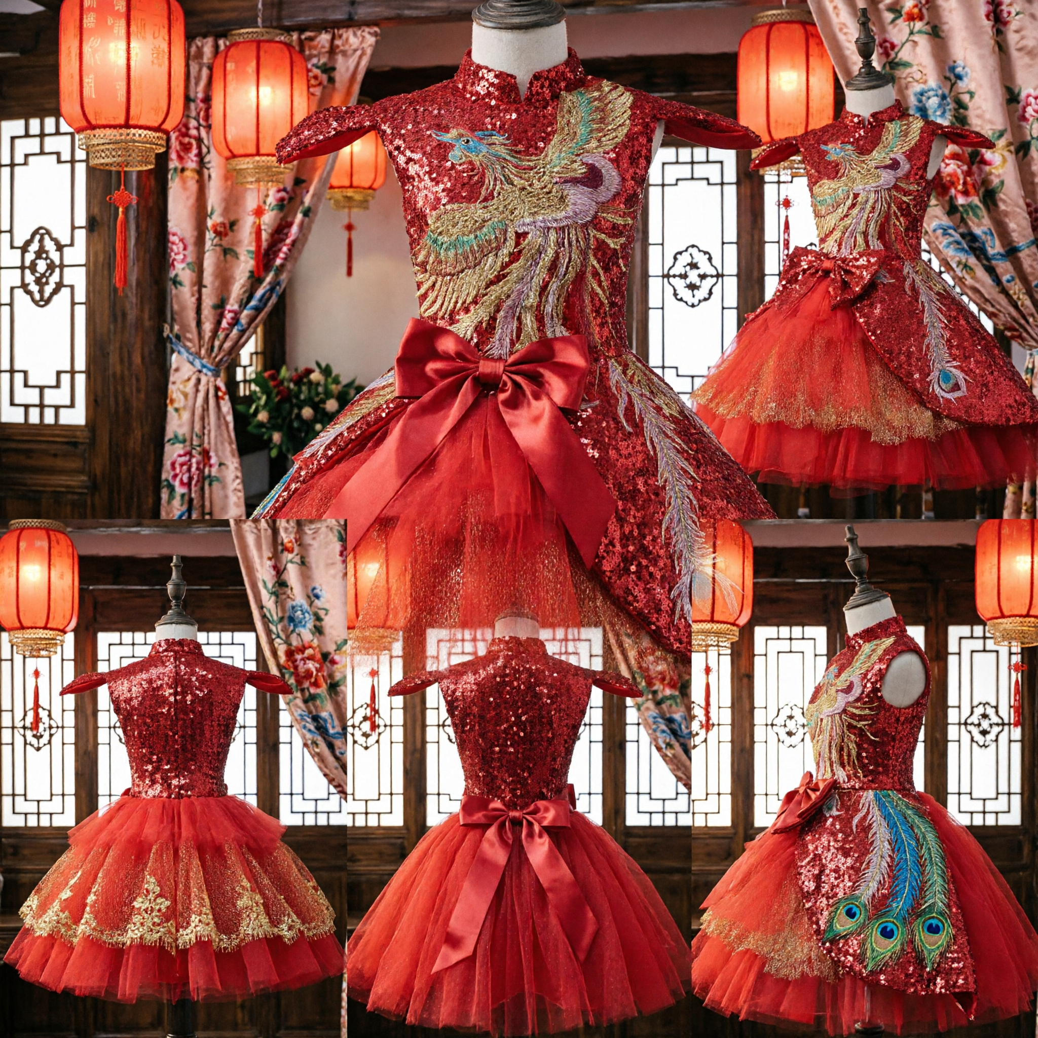 Vestido Cheongsam Chinês Tradicional Vermelho para Meninas Saia Tutu com Bordado de Fênix Vestido para Casamento e Festas - Asian Costume
