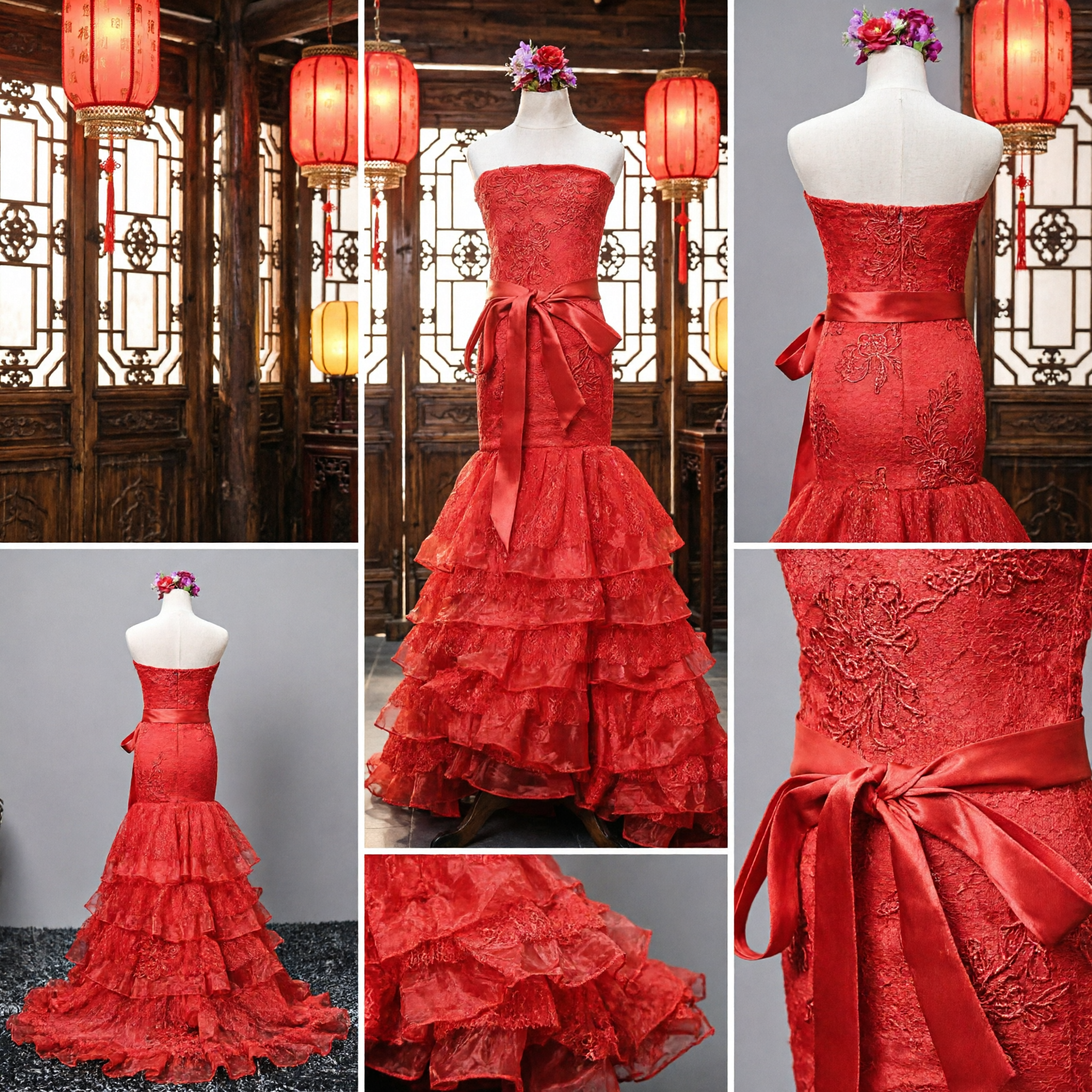 Robe sirène élégante rouge sans bretelles avec dentelle florale et volants superposés pour spectacle formel en soirée - Asian Costume