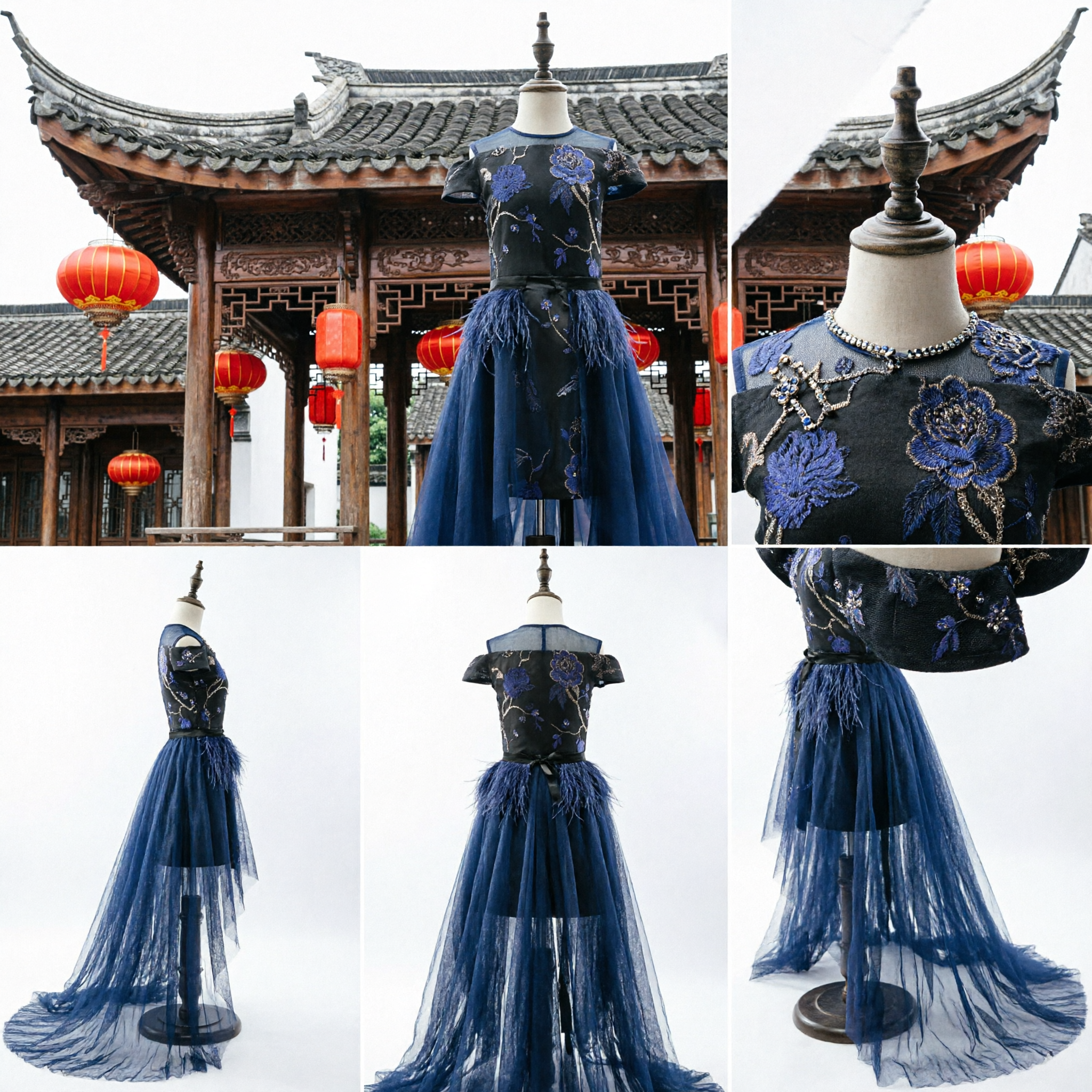 Elegante Blauwe Bloemen Geborduurde Cheongsam Baljurk voor Kinderen Traditionele Chinese Avondjurk Podiumkostuum - Asian Costume