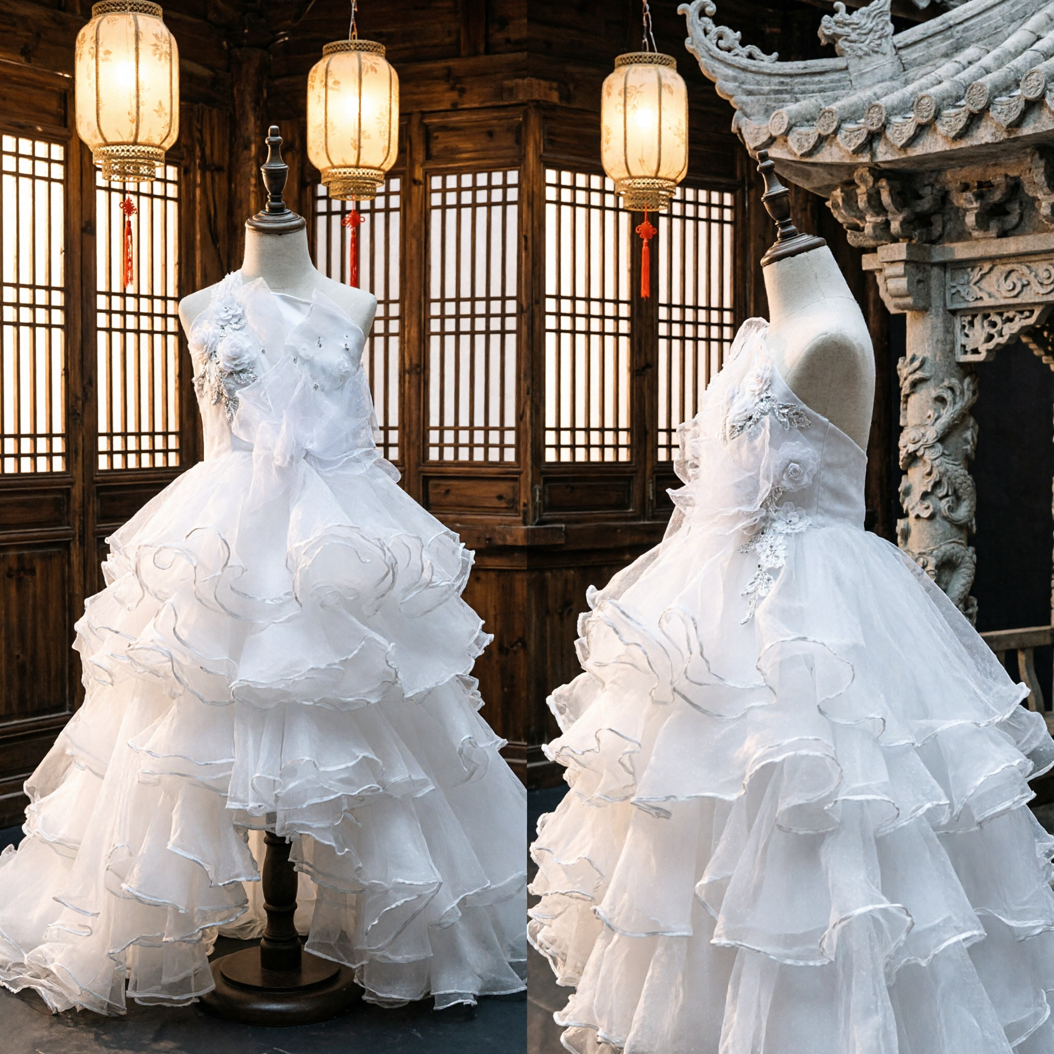 Vestido de Daminha de Honra Branco com Tule Babado e Saia High-Low para Casamento, Concurso e Festa Formal para Crianças - Asian Costume