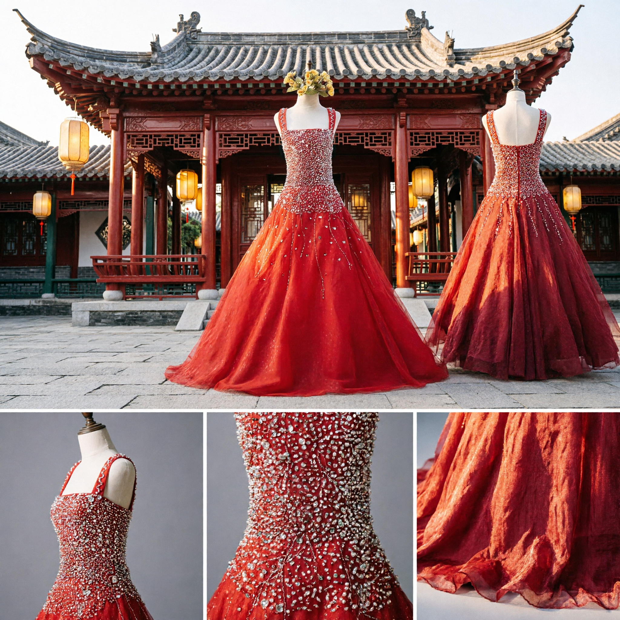Robe de soirée élégante rouge style sirène avec bustier à paillettes argentées pour mariage, bal de promo ou fête formelle - Asian Costume