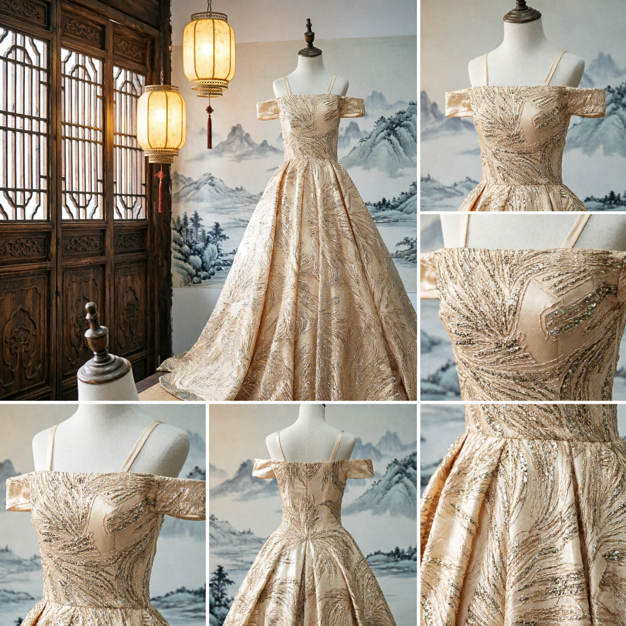 Elegancka złota balowa suknia z cekinami typu off-the-shoulder, długa suknia na formalny bal wieczorowy dla kobiet - Asian Costume