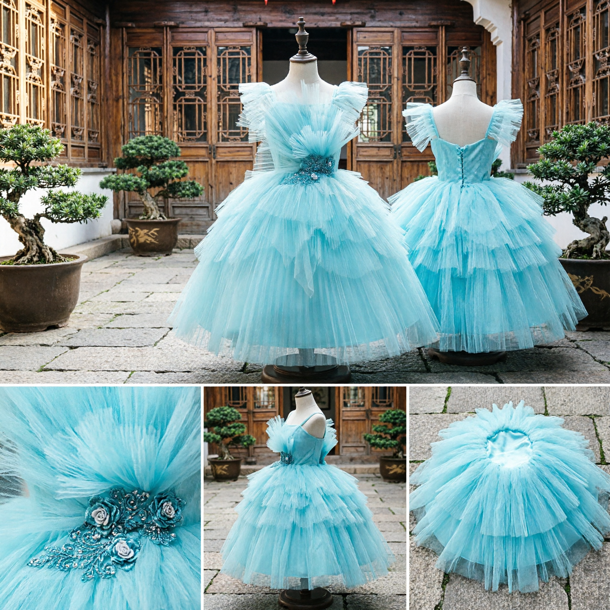 Robe de bal élégante en tulle bleu clair pour demoiselle d'honneur avec bustier froncé pour mariage, fête ou concours - Asian Costume