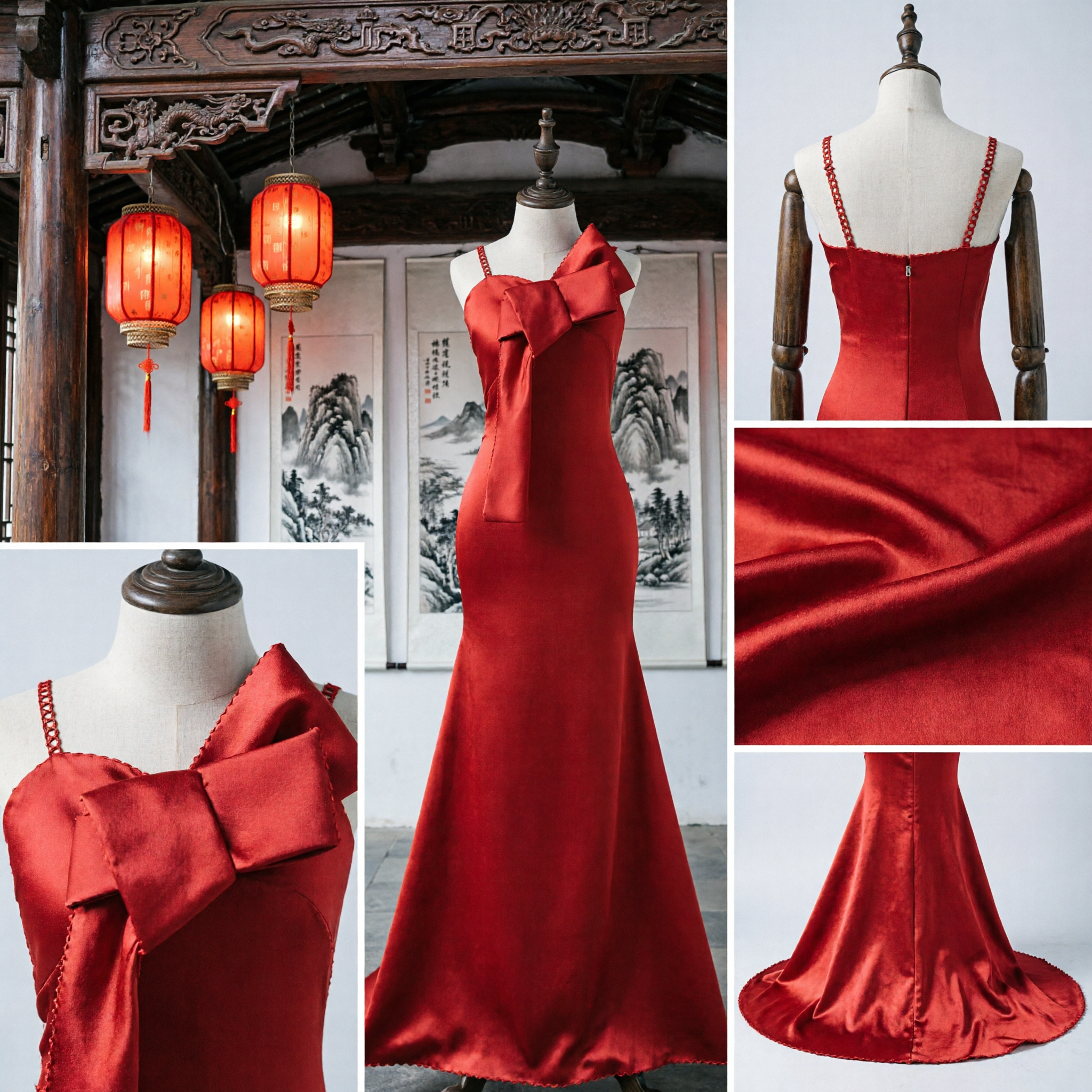 Robe de soirée élégante en satin rouge style sirène avec grand nœud, robe formelle pour mariage ou fête pour femmes - Asian Costume
