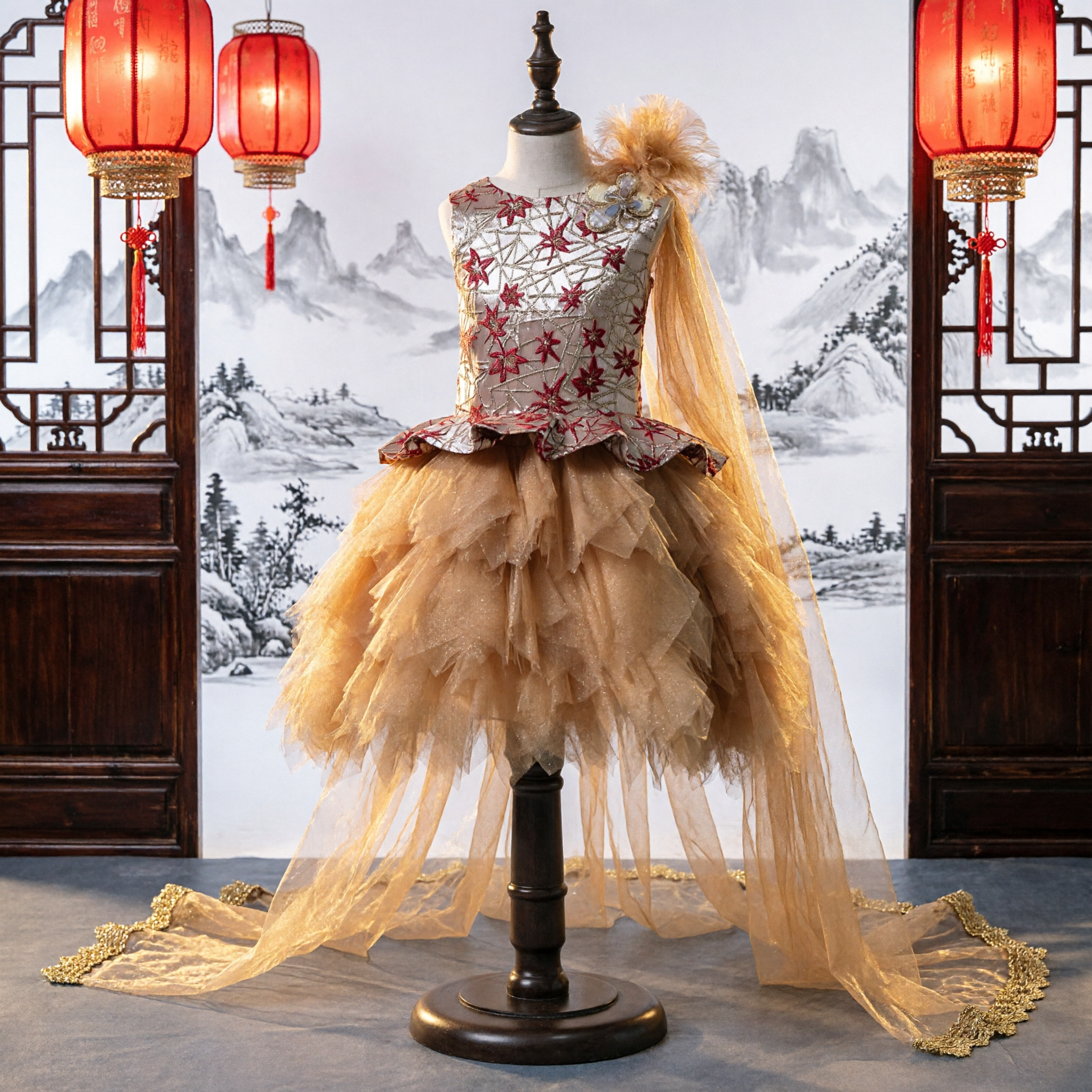 Goldfarbenes traditionelles chinesisches Bühnen-Tanzkostüm für Mädchen, besticktes Peplum-Oberteil mit mehrlagigem Tüllrock für Auftritte - Asian Costume