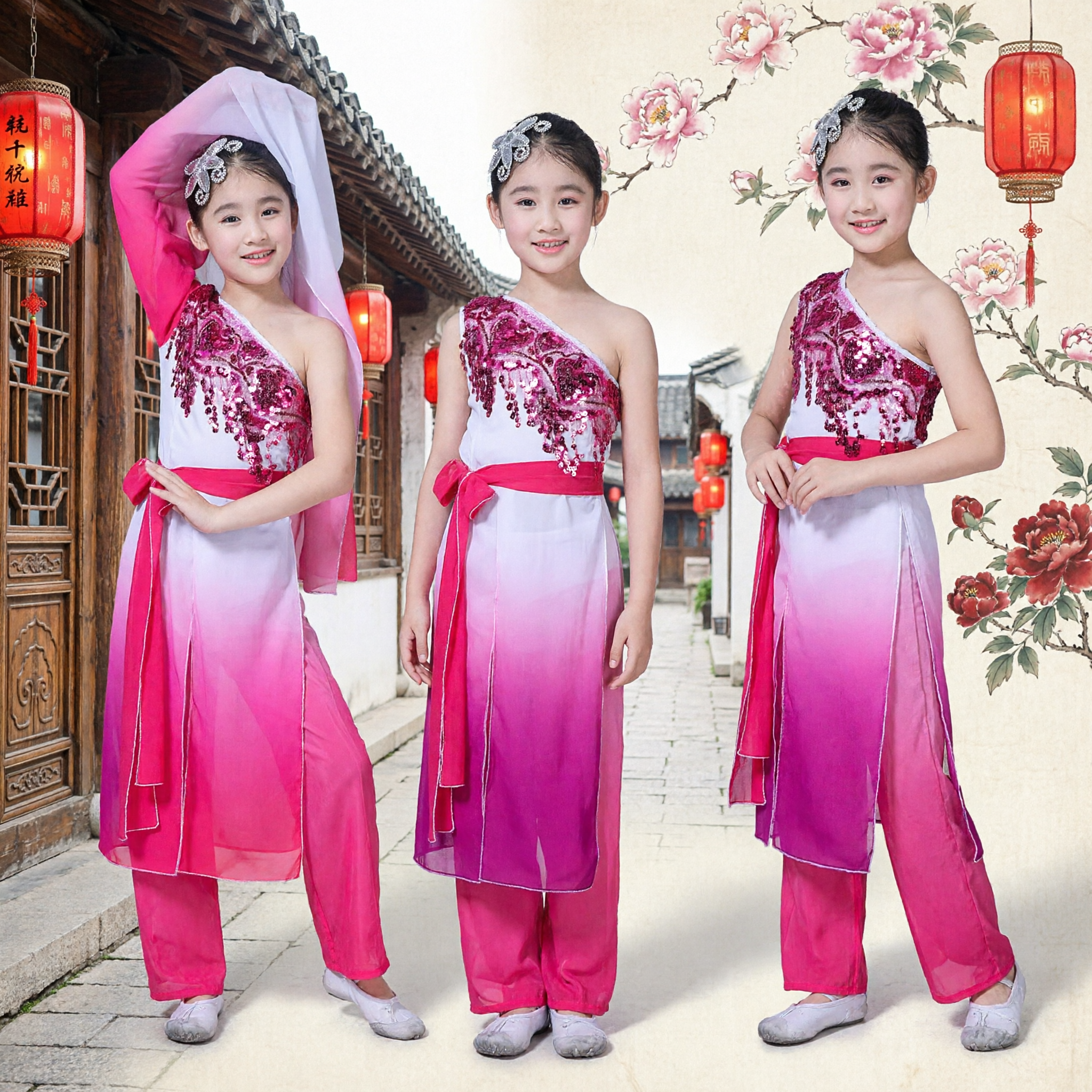 Costume de danse traditionnel chinois pour filles, tenue de scène rose Yangge avec éventail, ruban de soie et accessoires - Asian Costume