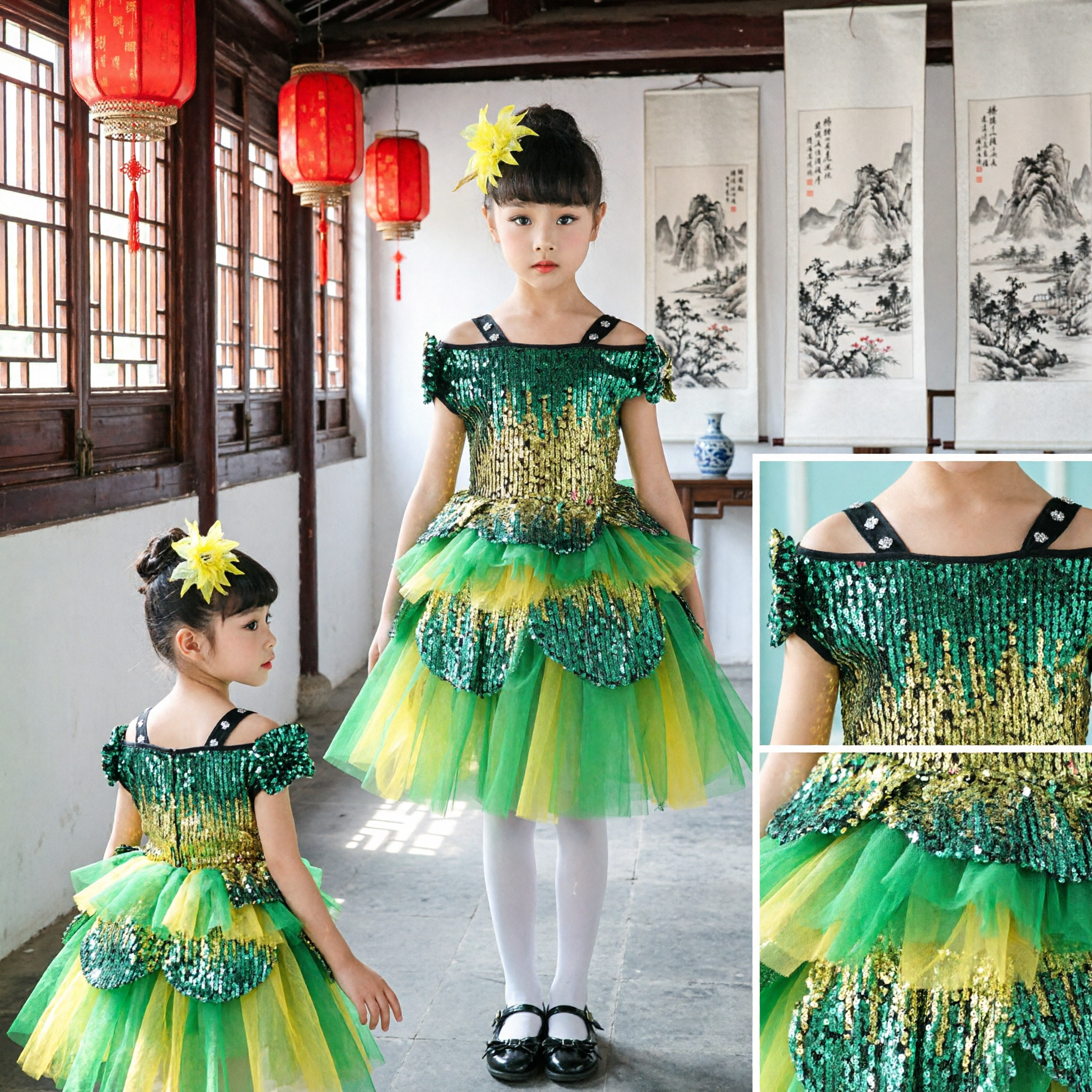 Vestito da Danza Latina Verde con Paillettes per Bambine Costume Tutu da Performance per Competizioni di Ballo - Asian Costume