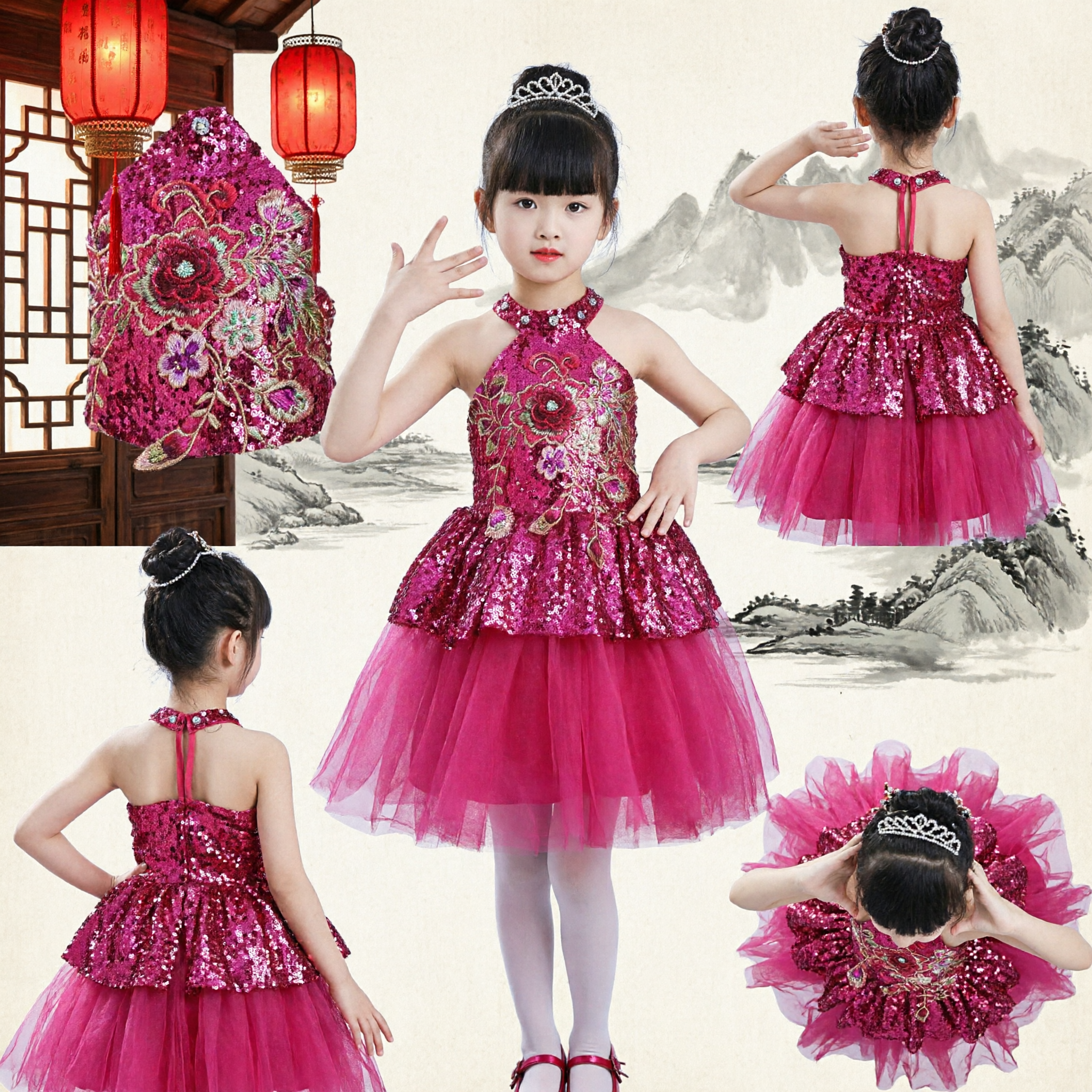 Meisjes Roze Sequins Halter Optredenjurk met Bloemenborduursel voor Traditionele Chinese Volksdans en Podium - Asian Costume