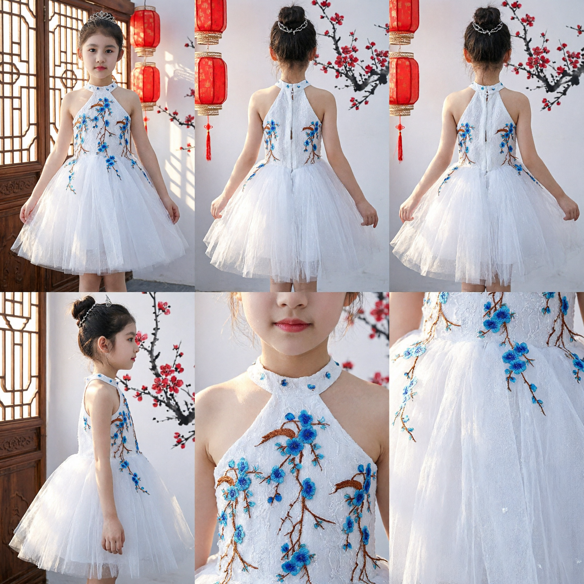 Elegante Wit Halter Tulle-jurk voor Meisjes Blauw Bloemenborduursel Chinese Stijl Bruidsmeisjes Feestjapon - Asian Costume