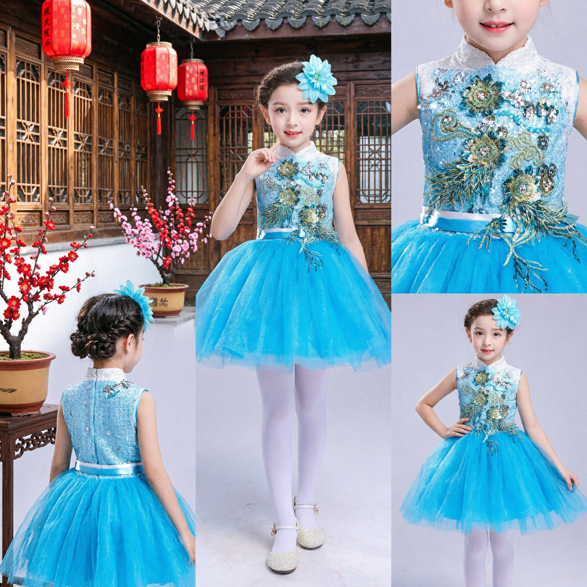 Vestido Tutú Cheongsam Azul para Niñas, Top Bordado con Lentejuelas y Falda de Tul, Traje para Fiestas y Actuaciones - Asian Costume
