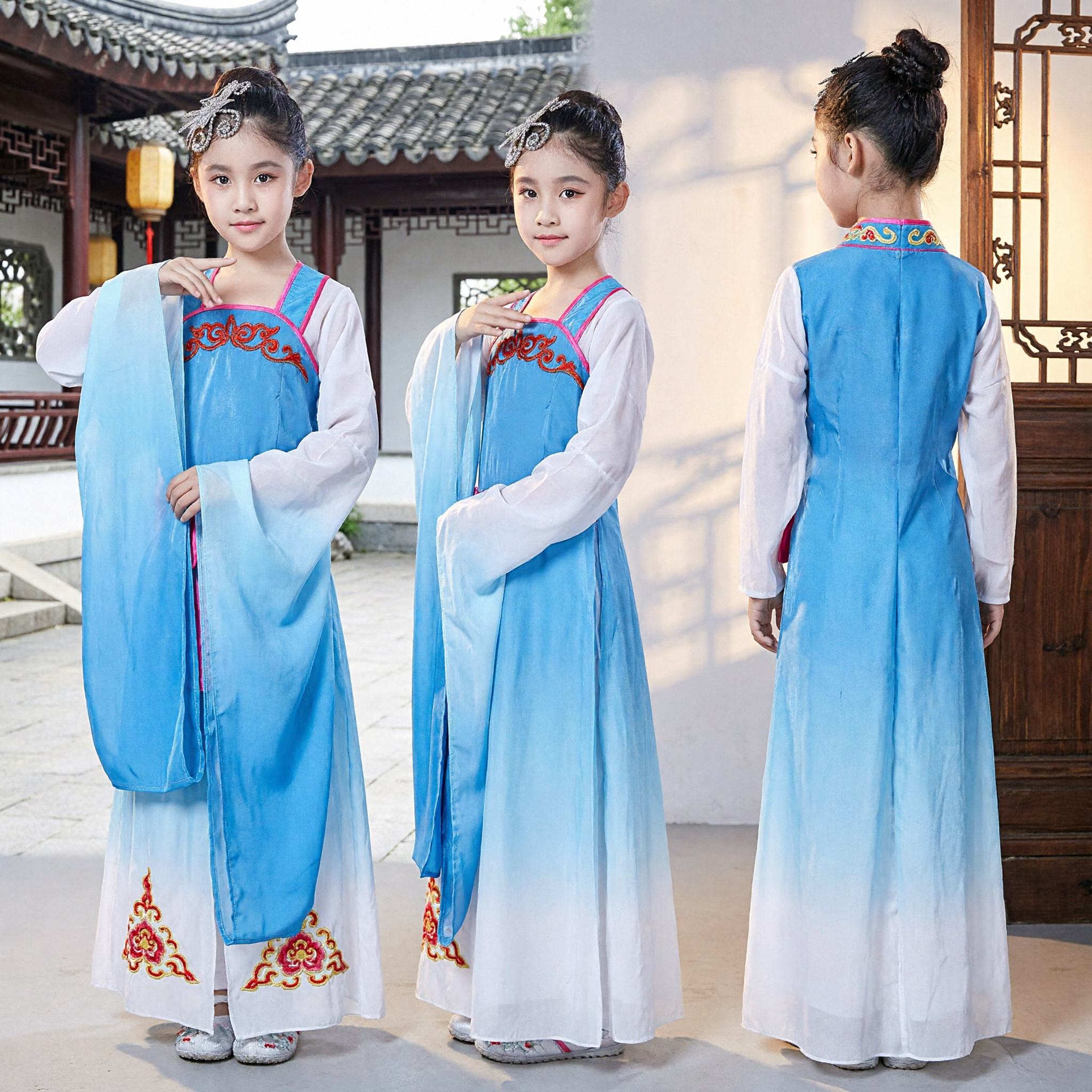 زي هانفو صيني تقليدي للأطفال، فستان جنية قديم أزرق للفتيات للرقص الكلاسيكي والعروض المسرحية - Asian Costume