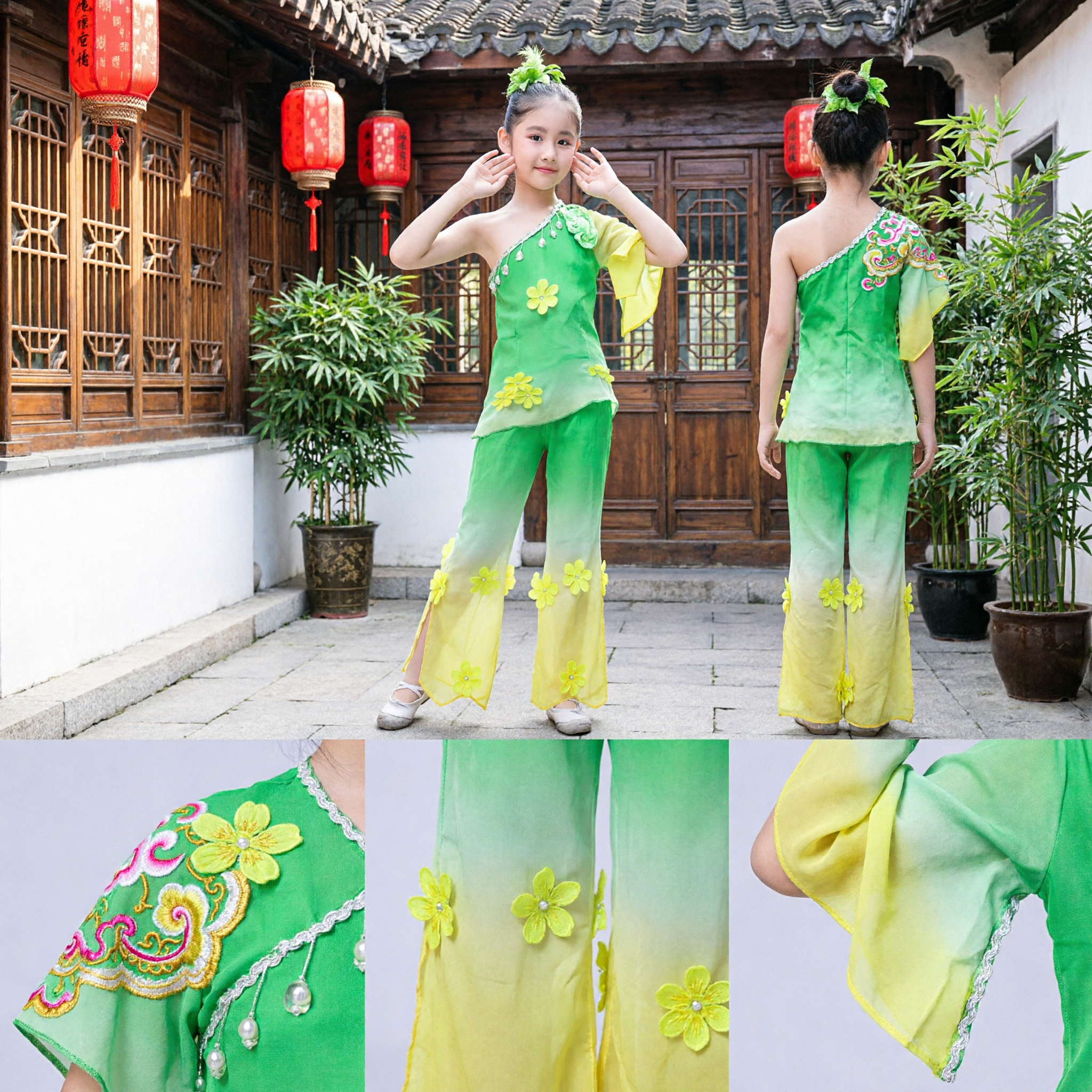 Traje de Dança Folclórica Chinesa para Crianças Conjunto Flor de Lótus Verde para Meninas Traje Tradicional para Performance no Palco Dança Yangge com Guarda-chuva - Asian Costume