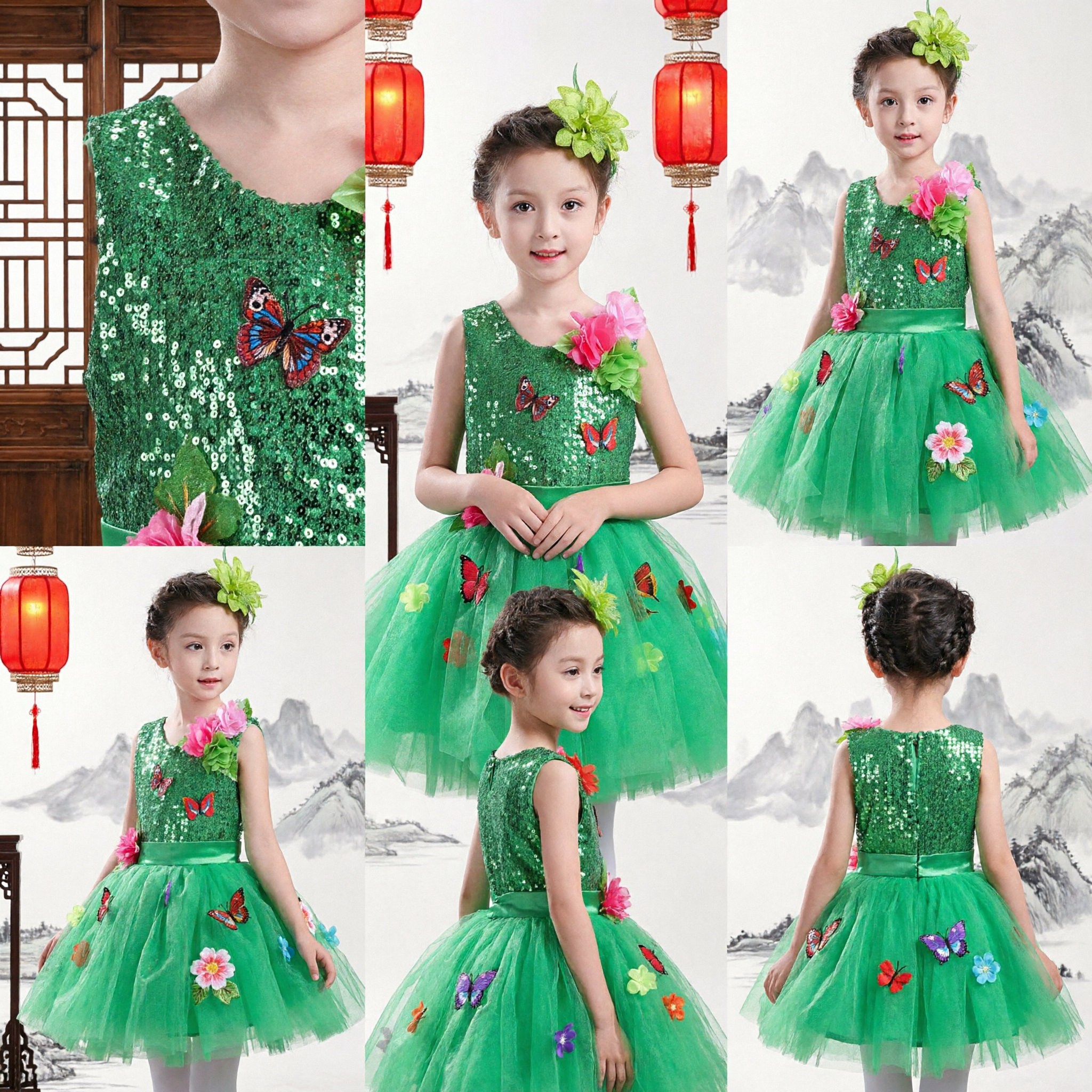 Robe Papillon à Paillettes Verte pour Filles avec Jupe Tulle et Couronne Florale pour Danse de Scène - Asian Costume