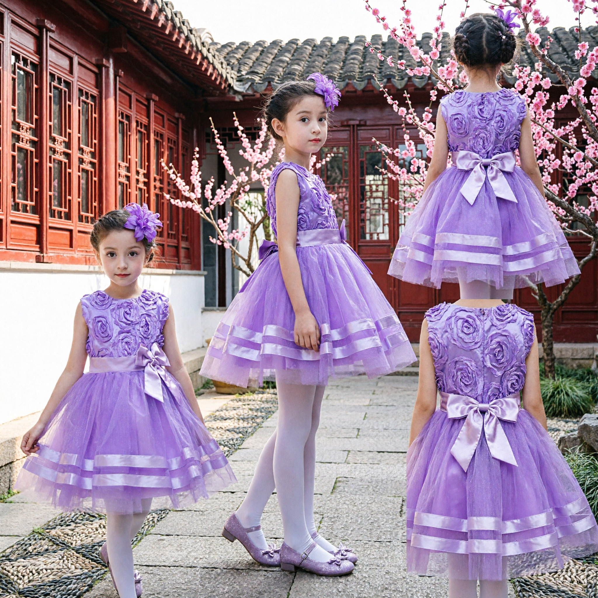 Vestido de Niña de las Flores Púrpura para Niñas con Corpiño de Roseta 3D y Falda de Tul para Actuación en Boda y Fiesta - Asian Costume