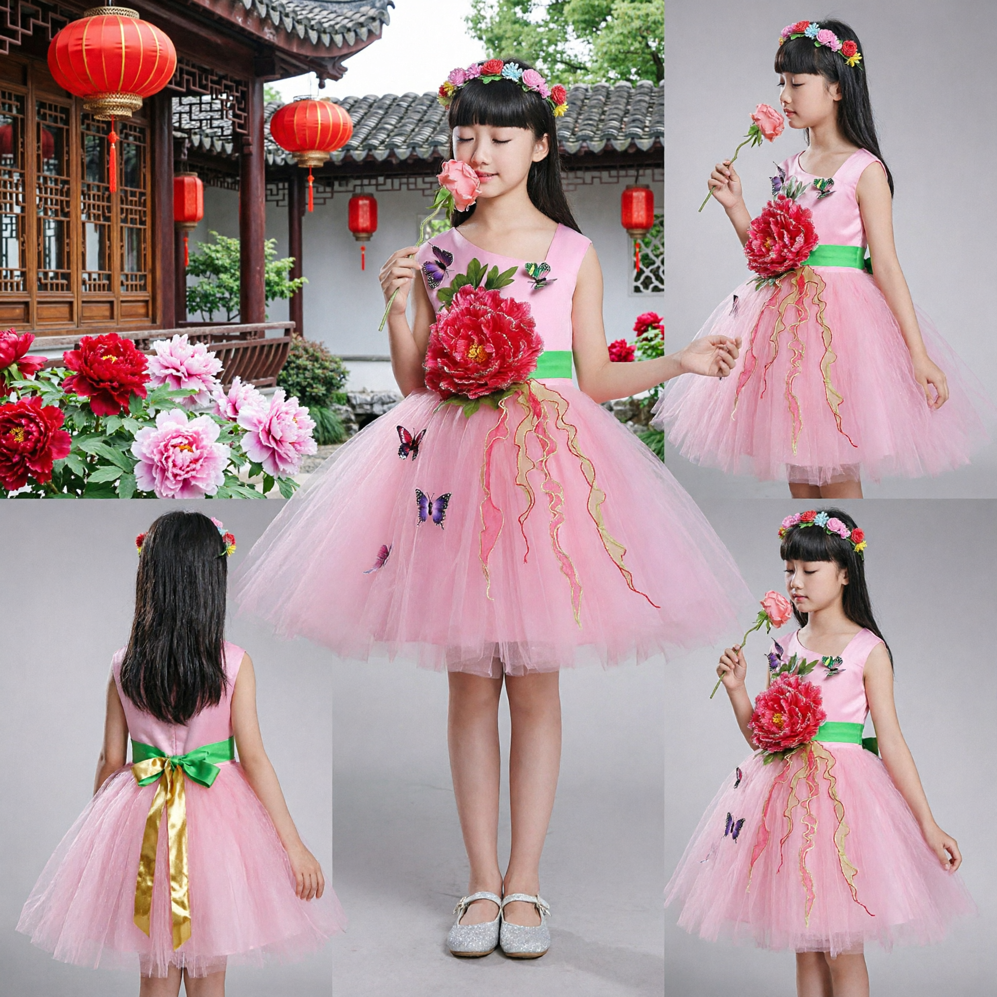 Costume da Fata dei Fiori Rosa per Bambini, Vestito Tutu Tulle Ricamato a Farfalle per Spettacoli di Danza e Saggi - Asian Costume