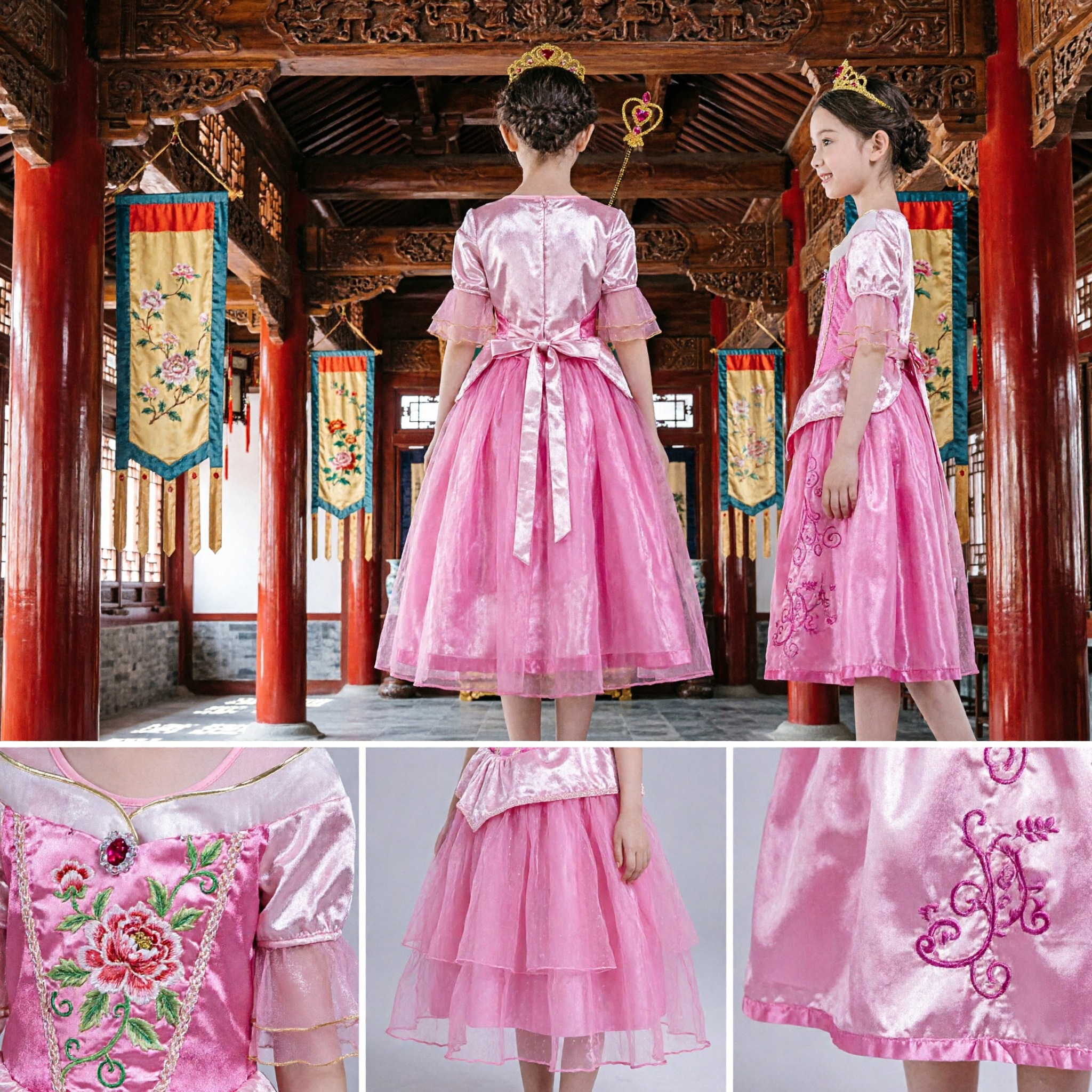 Różowa balowa suknia księżniczki do przebrania z koroną i różdżką na halloweenowe lub urodzinowe przyjęcie - Asian Costume