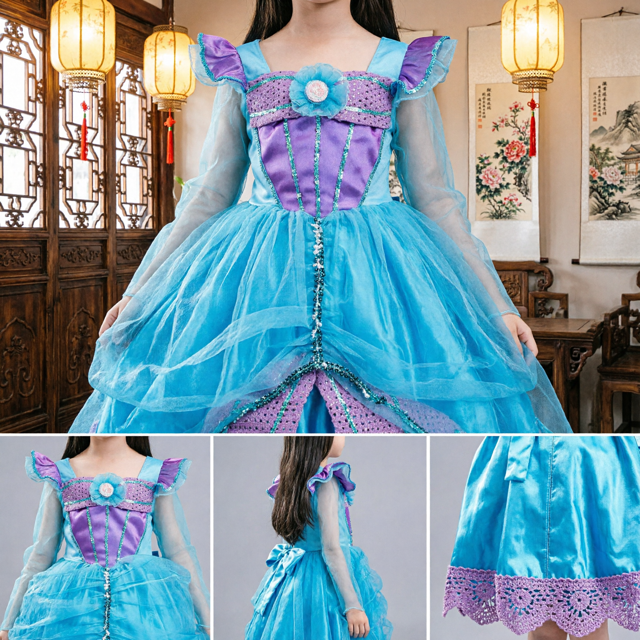 Mädchen Blau und Lila Prinzessin Kleid Kostüm mit Zauberstab und Tiara für Halloween Party Cosplay - Asian Costume