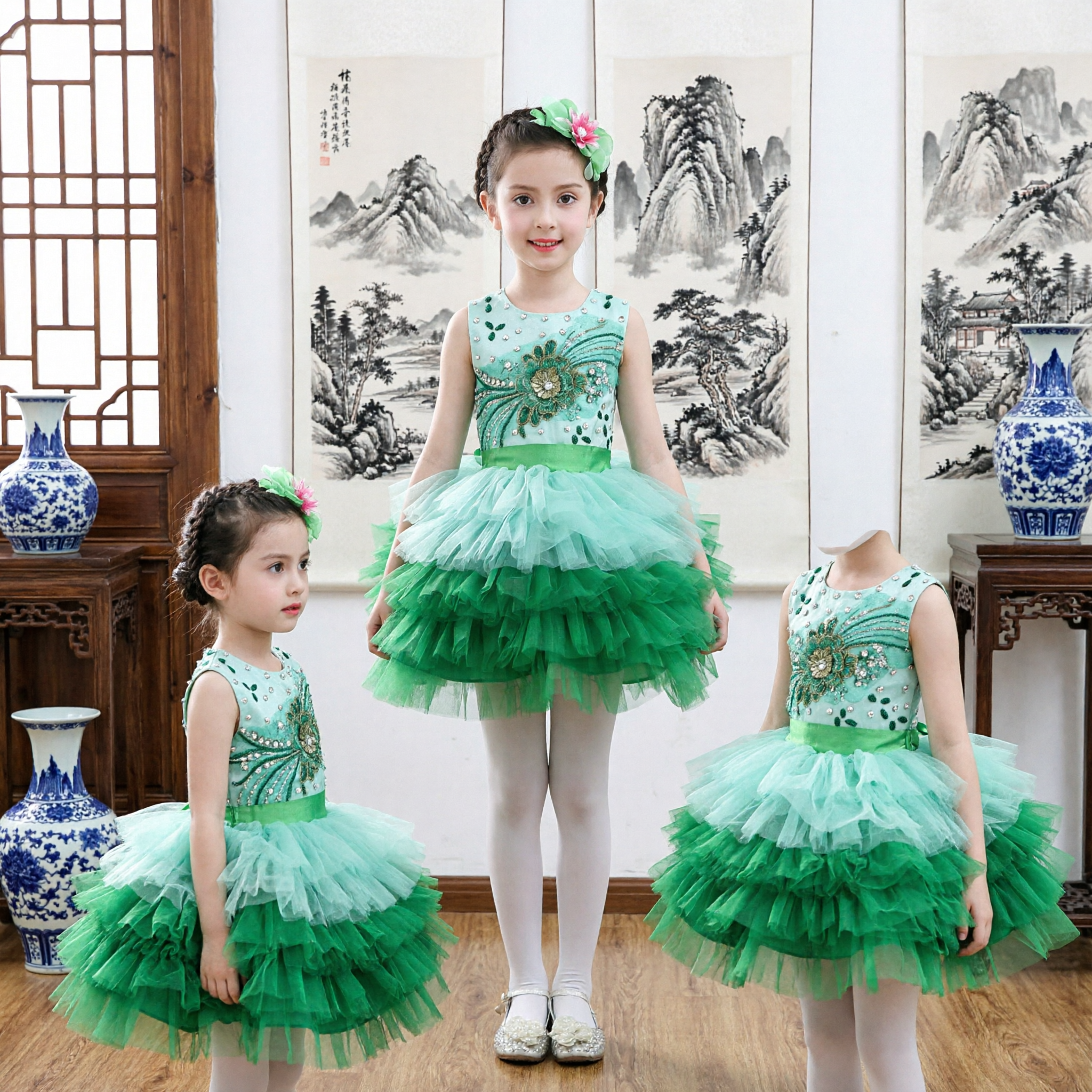 Vestido de Tul con Tema de Pavo Real Verde para Niñas, Traje de Baile de Ballet para Actuación y Fiesta - Asian Costume