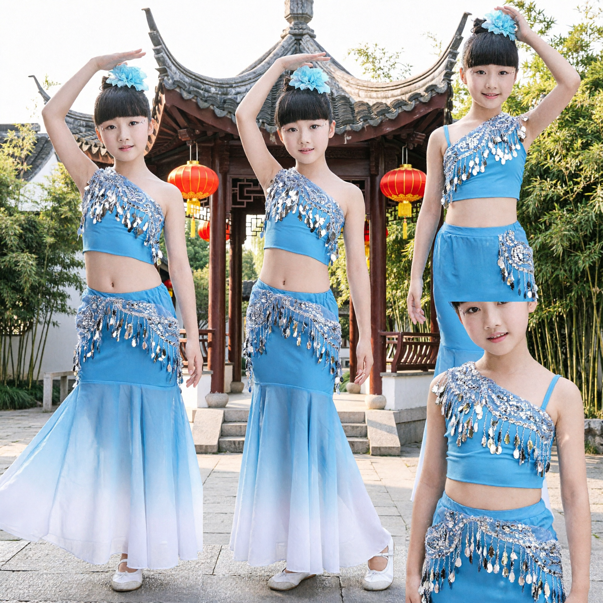 Fantasia de Dança Étnica Dai Azul para Meninas - Top de Dança do Ventre com Purpurina e Saia Longa em Degradê, Traje para Performance no Palco - Asian Costume