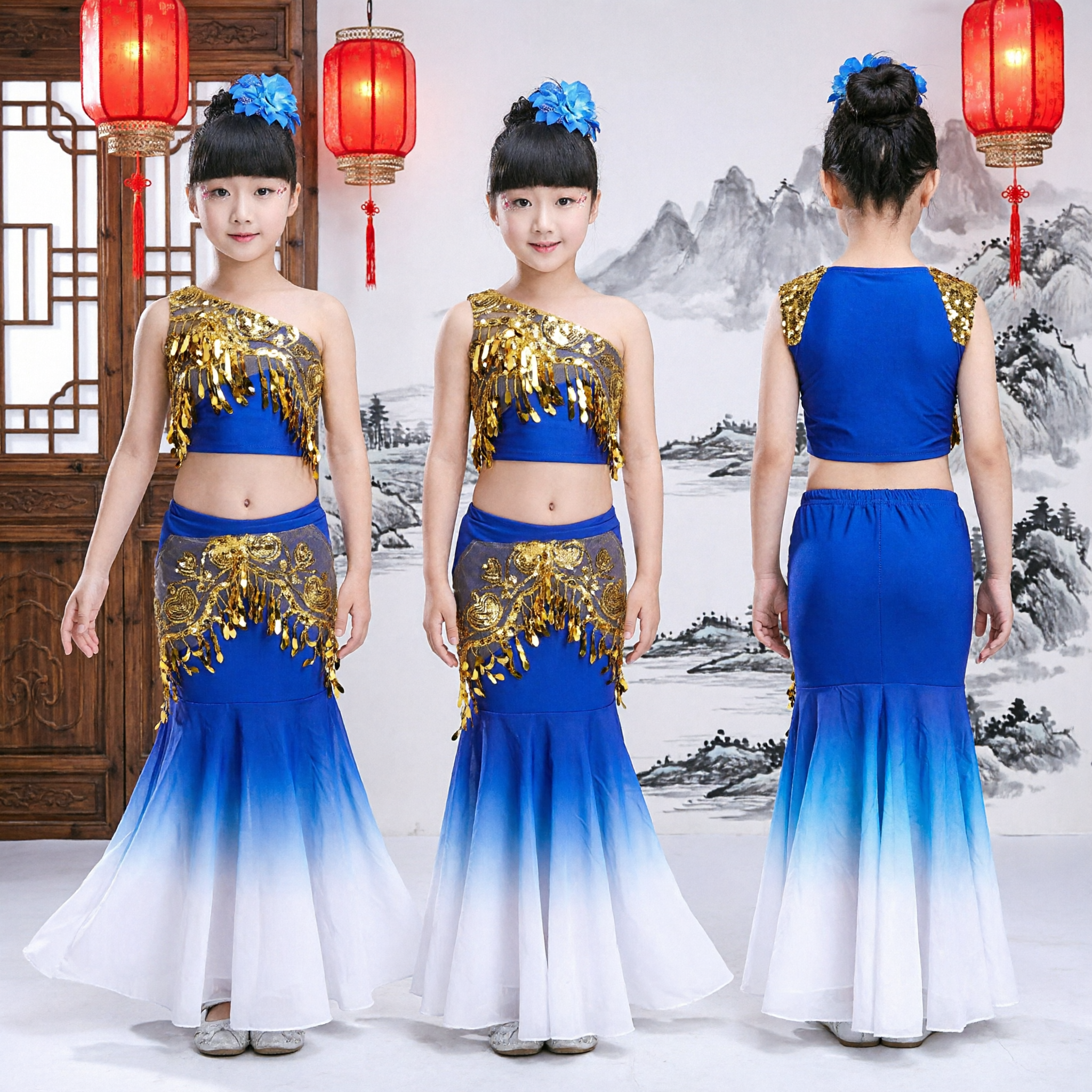 Traditionelles Chinesisches Dai Pfauentanz Kostüm Mädchen Blau Gold Pailletten Oberteil Fischschwanz Rock Kinder Bühnenaufführung Outfit - Asian Costume