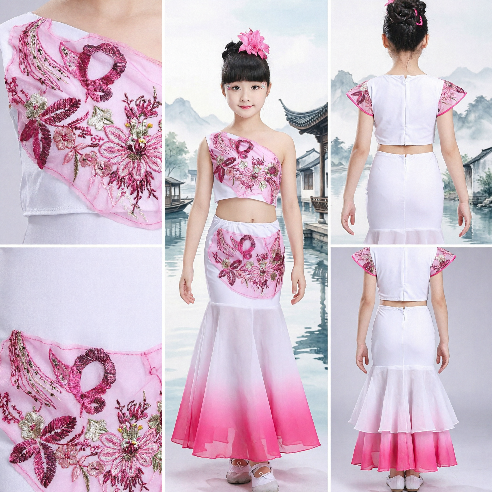 Costume da Danza Yangge Cinese Rosa per Bambine, Abito Folk con Danza del Ventaglio e Gonna a Sirena per Spettacoli - Asian Costume