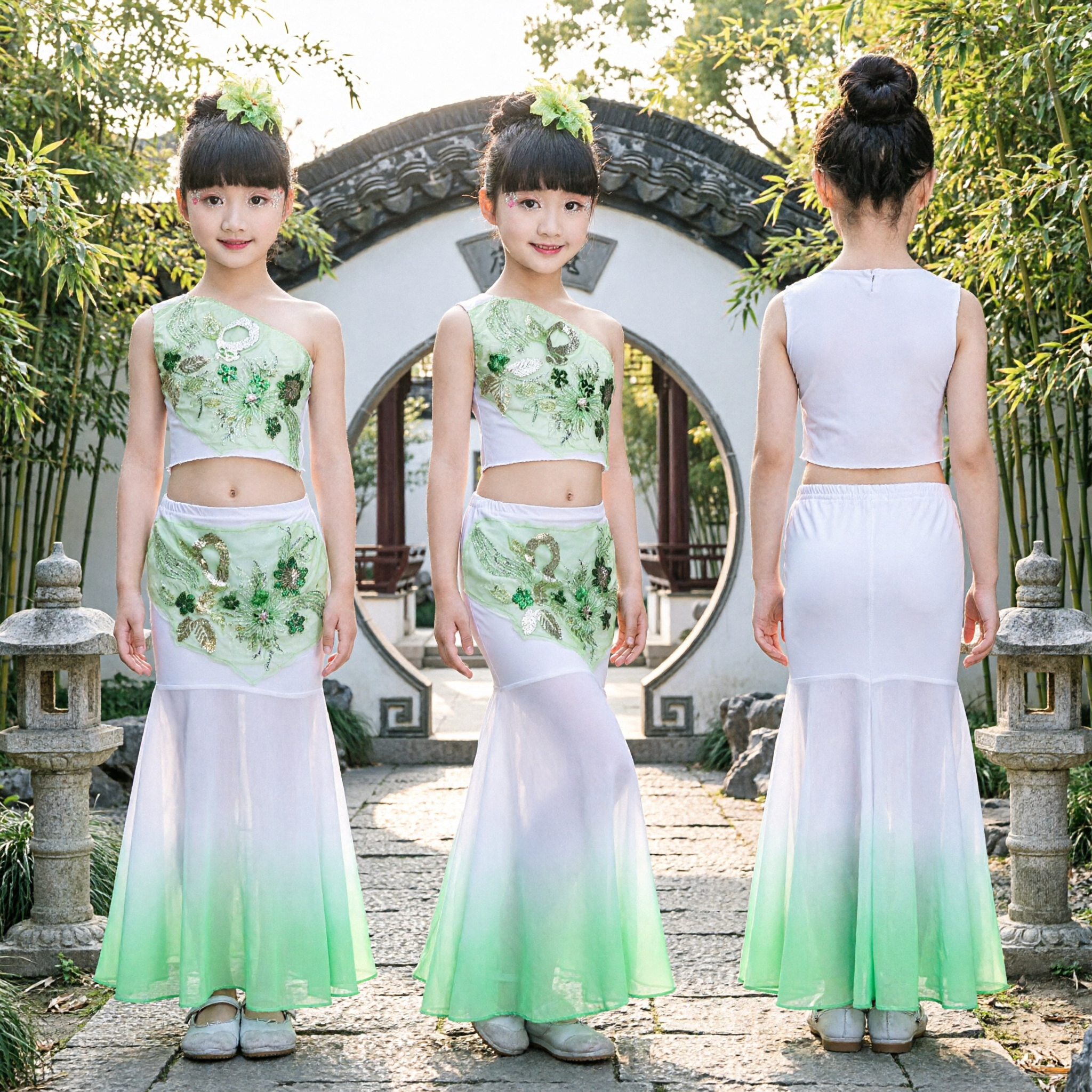 Dziecięcy kostium do tańca pawia mniejszości Dai, zielona cekinowa sukienka sceniczna dla dziewczynek - Asian Costume