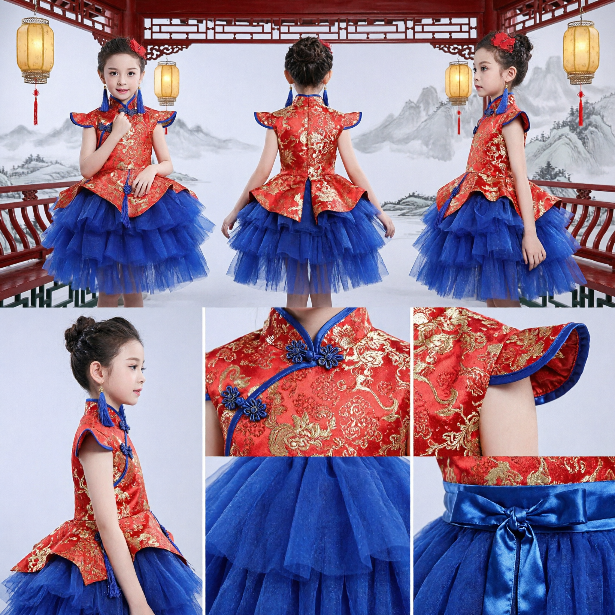 Mädchen Chinesisches Neujahr Cheongsam Kleid Rot Besticktes Oberteil Blau Tutu Rock Traditionelles Festival Aufführung Kostüm - Asian Costume