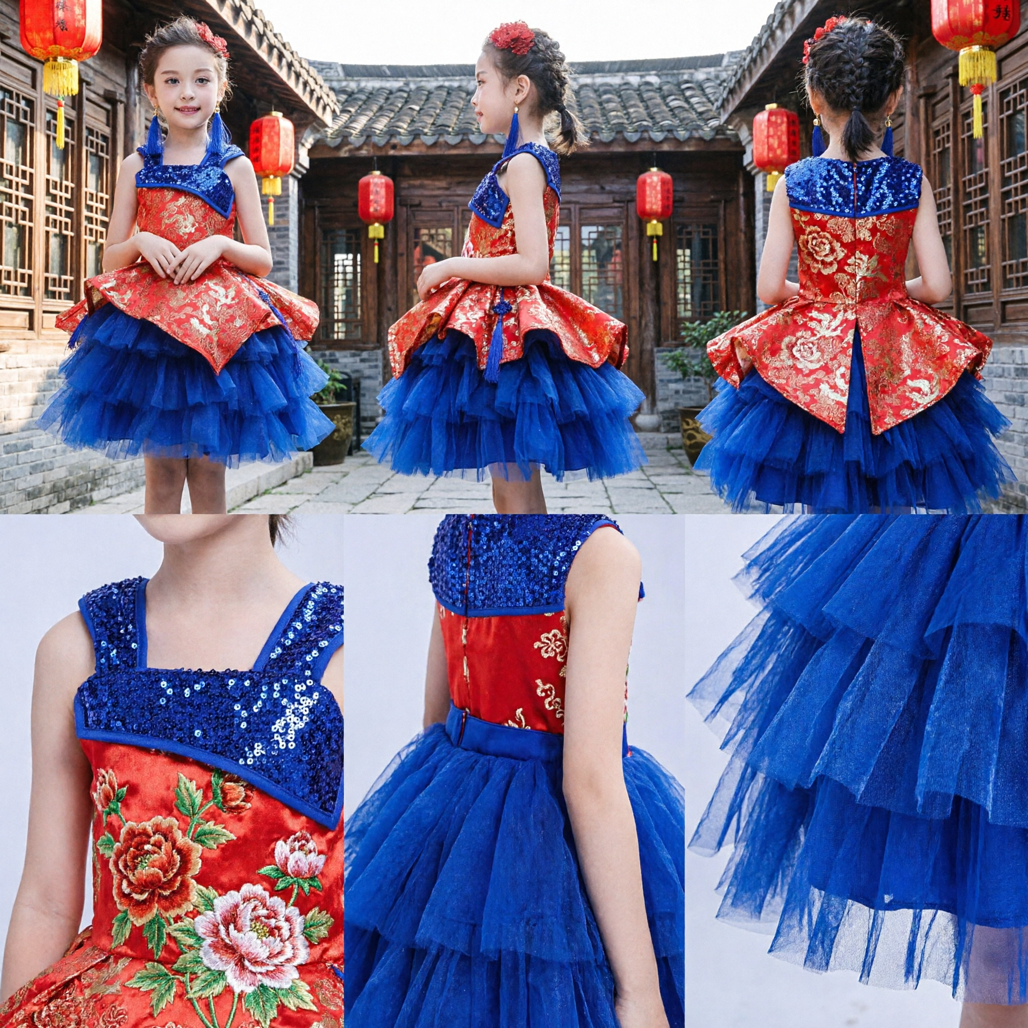 Vestido Tradicional Chinês Qipao para Meninas - Top Vermelho com Bordado Dourado e Saia de Tule Azul, Fantasia para Performance - Asian Costume