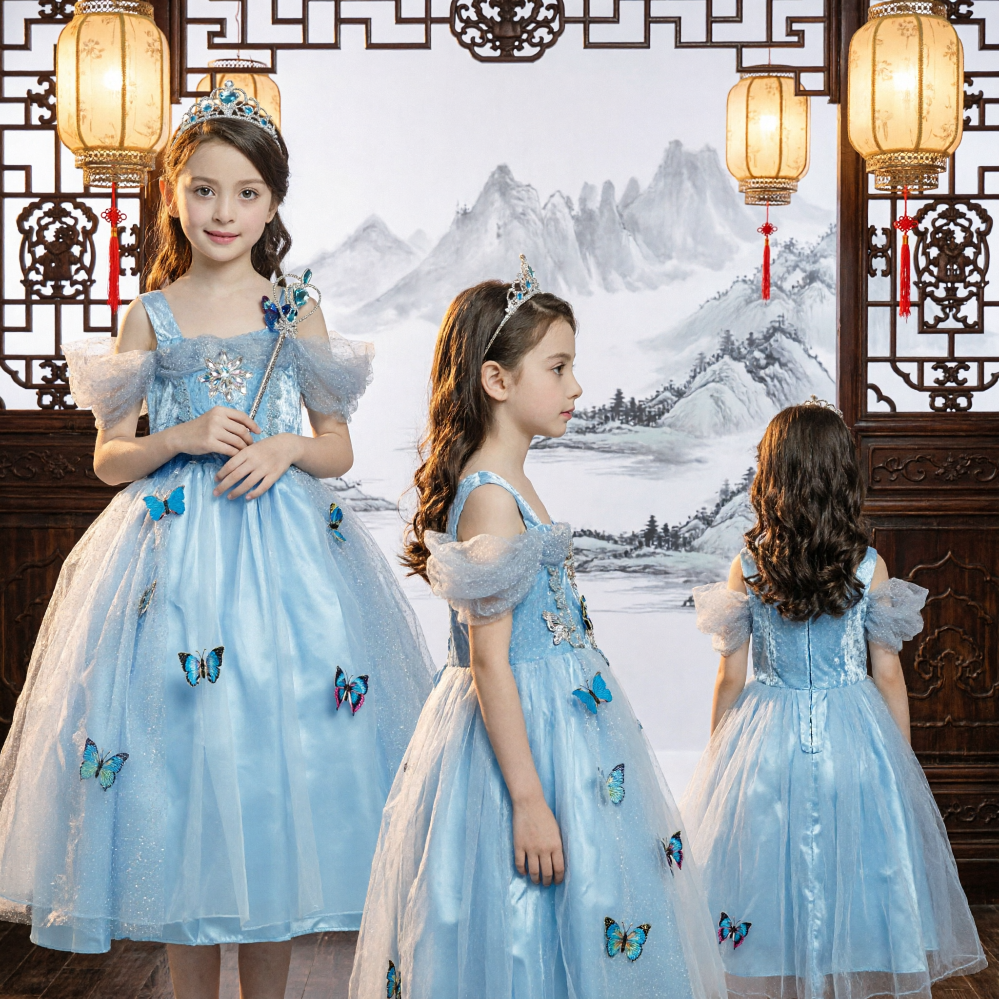 Mädchen Hellblaues Prinzessinnenkleid Schmetterlings-Feenkostüm Tüllkleid mit Zauberstab für Halloween-Party - Asian Costume