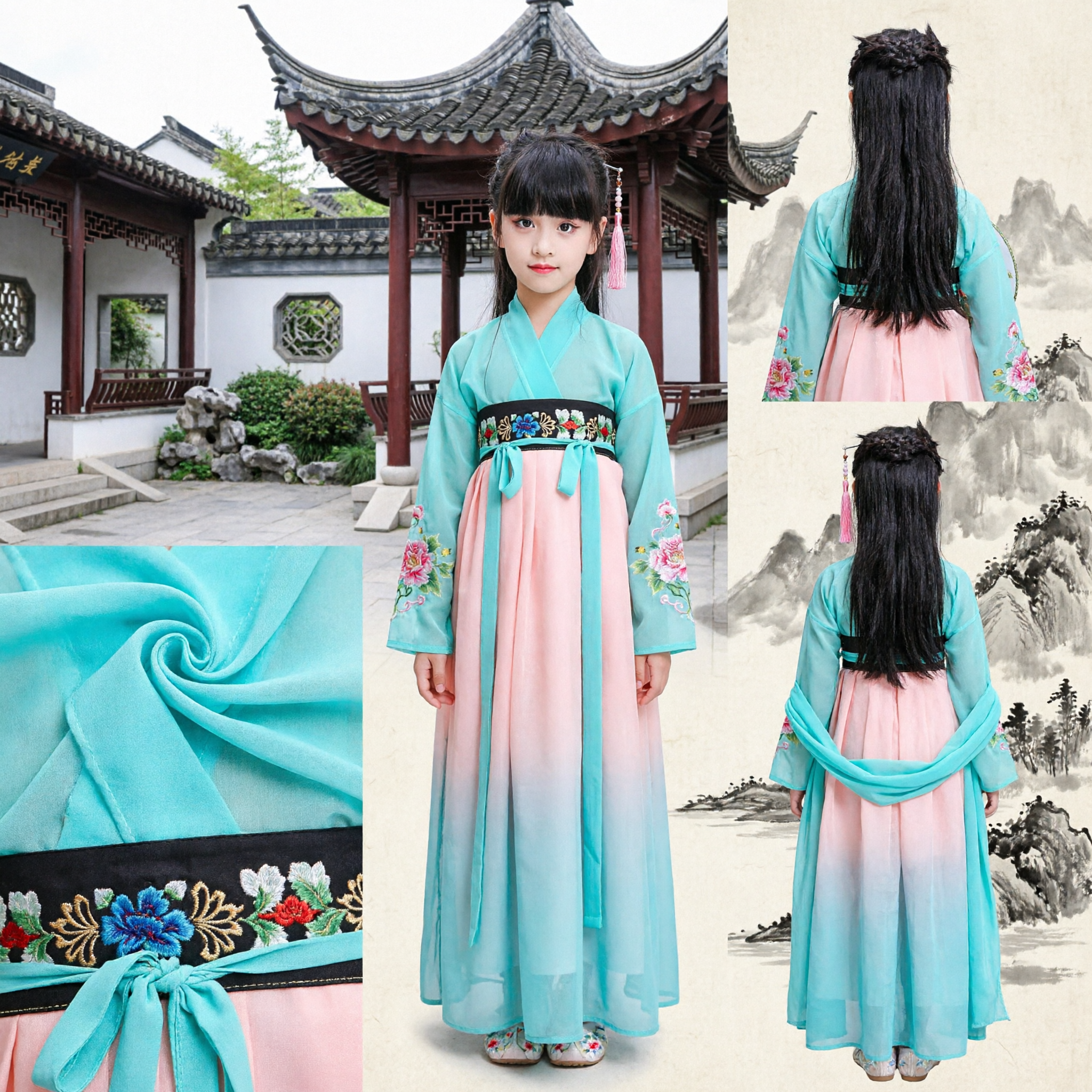 Kinderen Traditioneel Chinees Hanfu Kostuum Geborduurde Antieke Prinsessenjurk Meisjes Tang Dynastie Kleding Optreden Set - Asian Costume