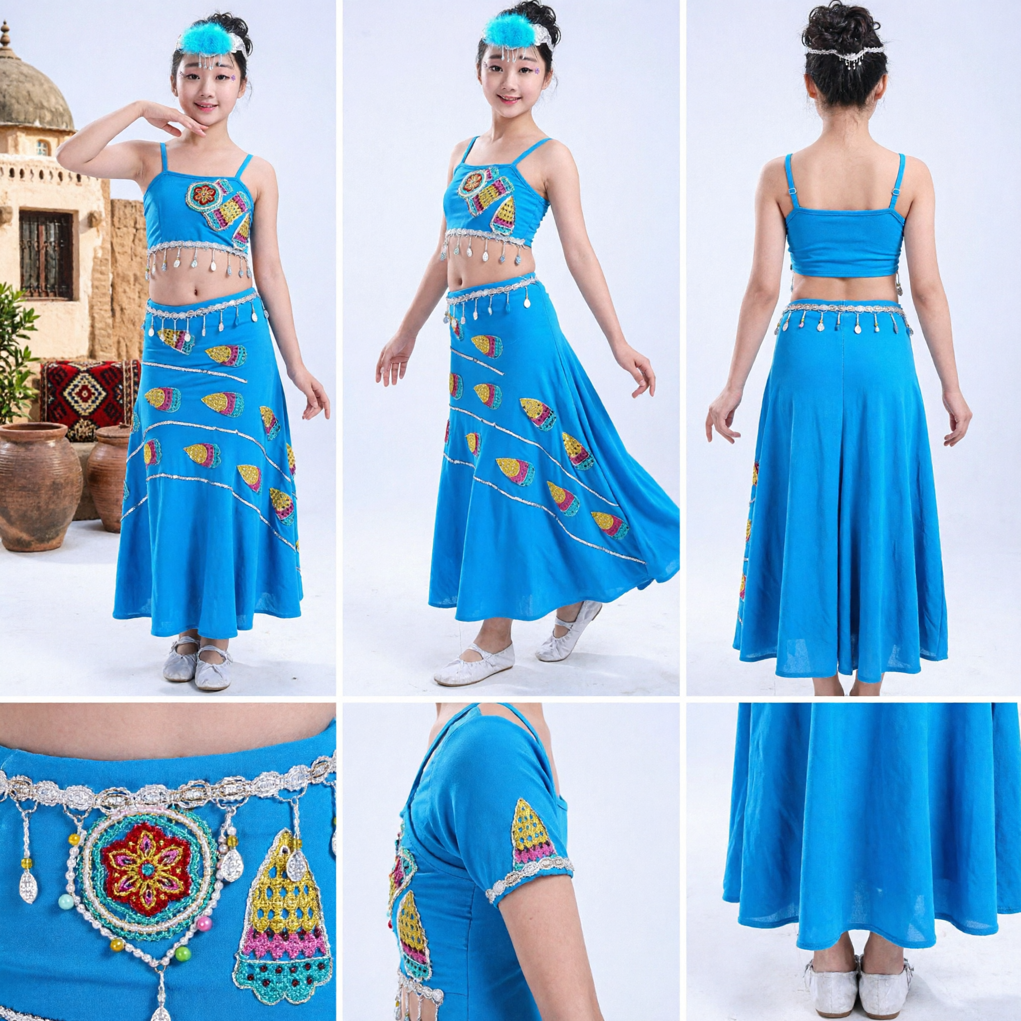 Chinesisches Dai-Minderheiten Pfauentanz-Kostüm Blaues Ethnisches Volkstrachtenkleid für Mädchen Kinder Bühnenauftritt - Asian Costume
