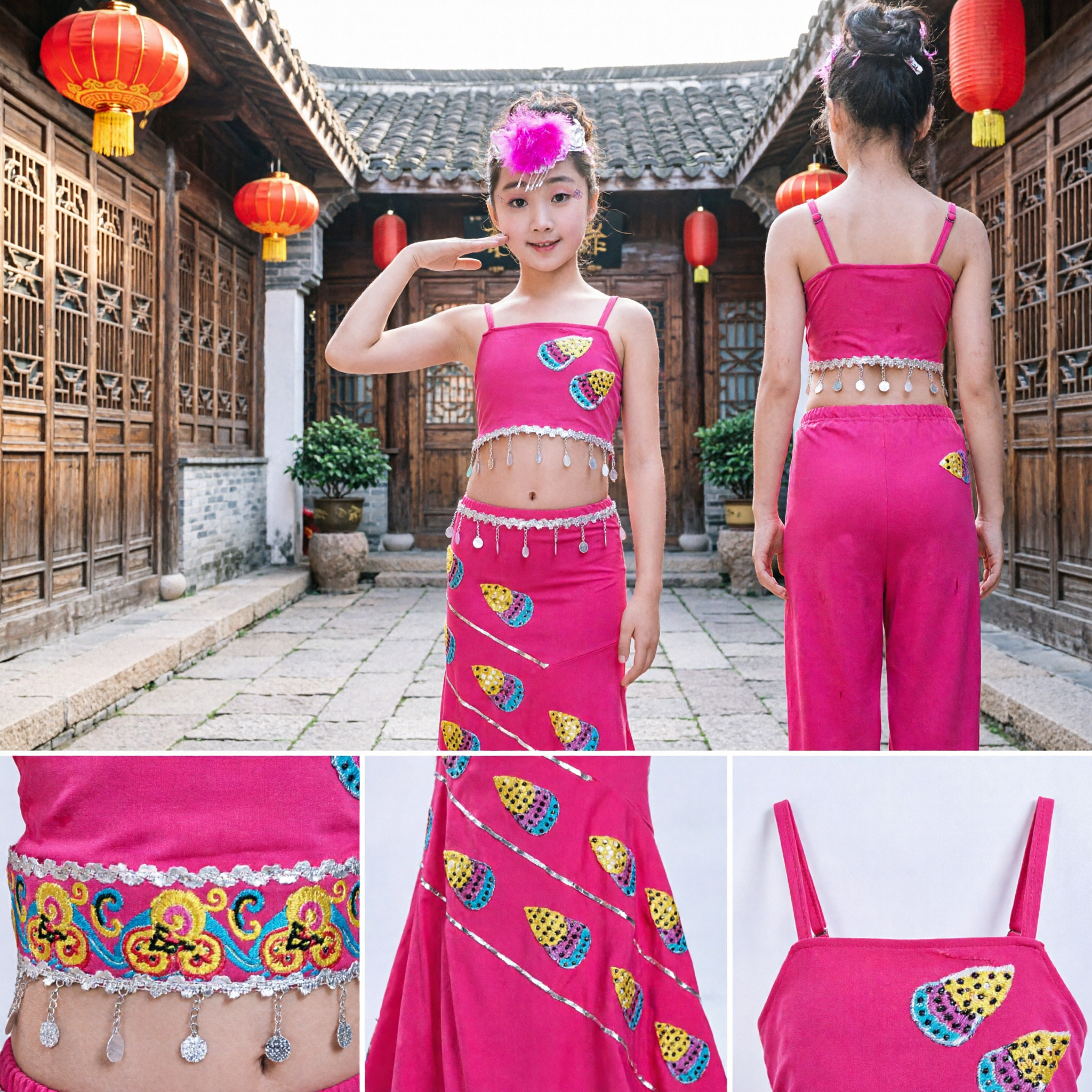 Kinder Chinesisches Dai-Ethnie Pfauentanz-Kostüm Mädchen Traditionelles Volkstrachten Bühnenauftrittskleid Rosa Outfit - Asian Costume