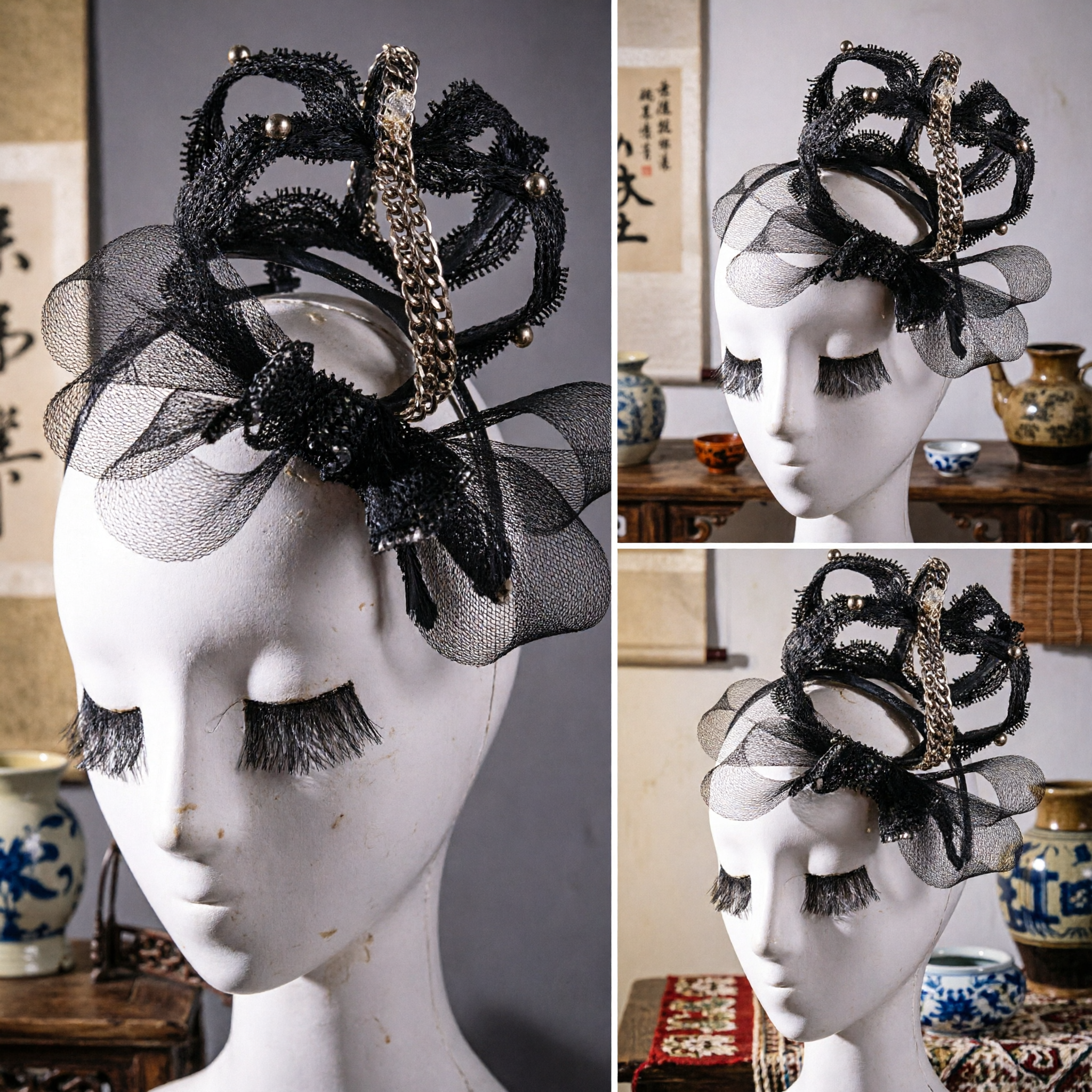 Elegant Zwart Veren Fascinator Hoofddeksel met Gouden Ketting Accenten voor Bruiloften Races en Formele Gelegenheden - Asian Costume