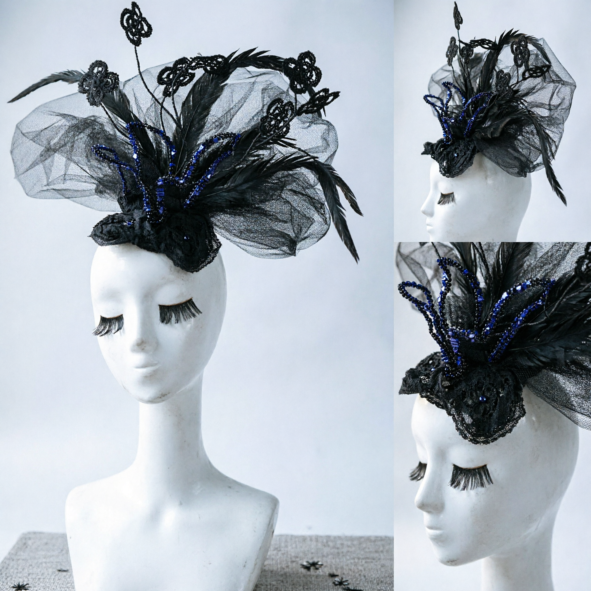 Elegant Zwarte Veren en Tulle Fascinator Hoofddeksel voor Vrouwen, met Bloemen Accenten voor Bruiloften en Royal Ascot - Asian Costume