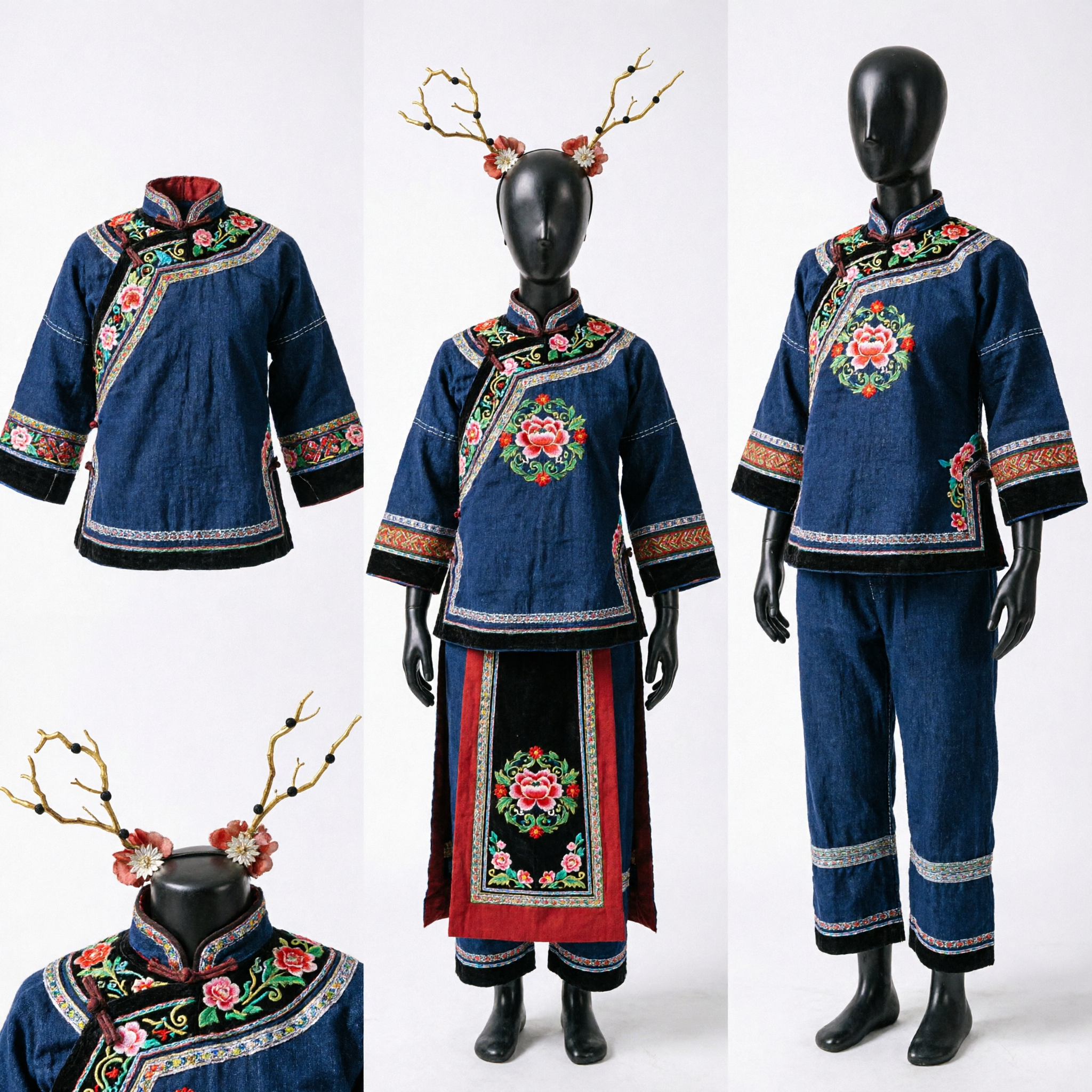 Starożytna tradycyjna chińska ozdoba do włosów Hanfu, złote nakrycie głowy z porożem i czerwonymi kwiatami dla kobiet do cosplayu - Asian Costume