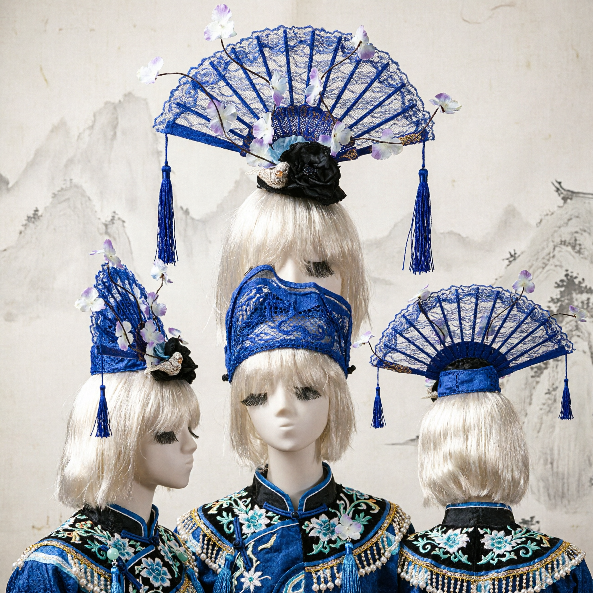 Accesorio para el Cabello de Abanico de Encaje Azul Tradicional Chino con Orquídeas para Traje Hanfu y Actuaciones de Danza - Asian Costume