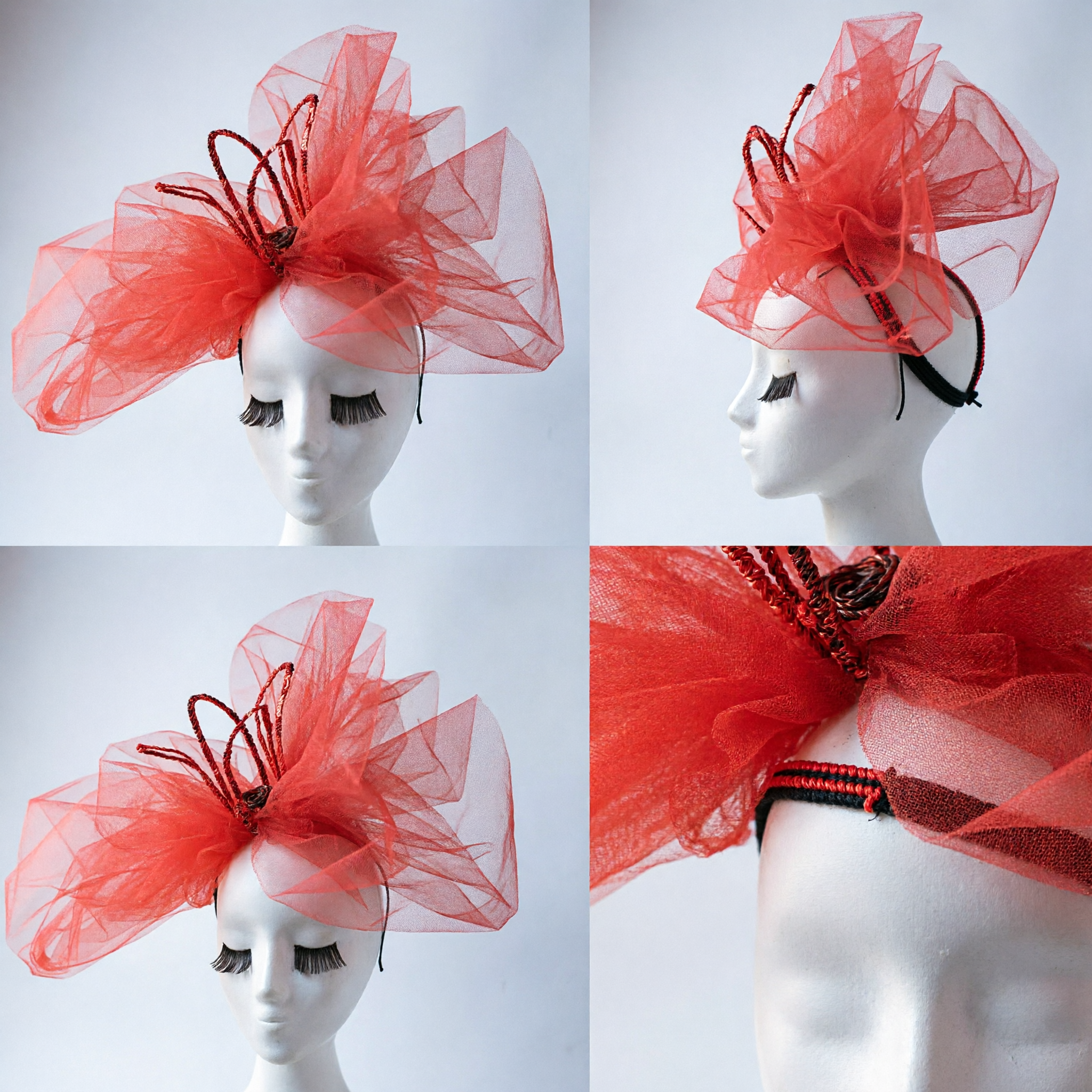 Levendig Oranjerode Tulle Fascinator Hoofddeksel met Kralen Accenten voor Vrouwen Bruiloft Podiumoptreden en Cultureel Kostuum Accessoire - Asian Costume