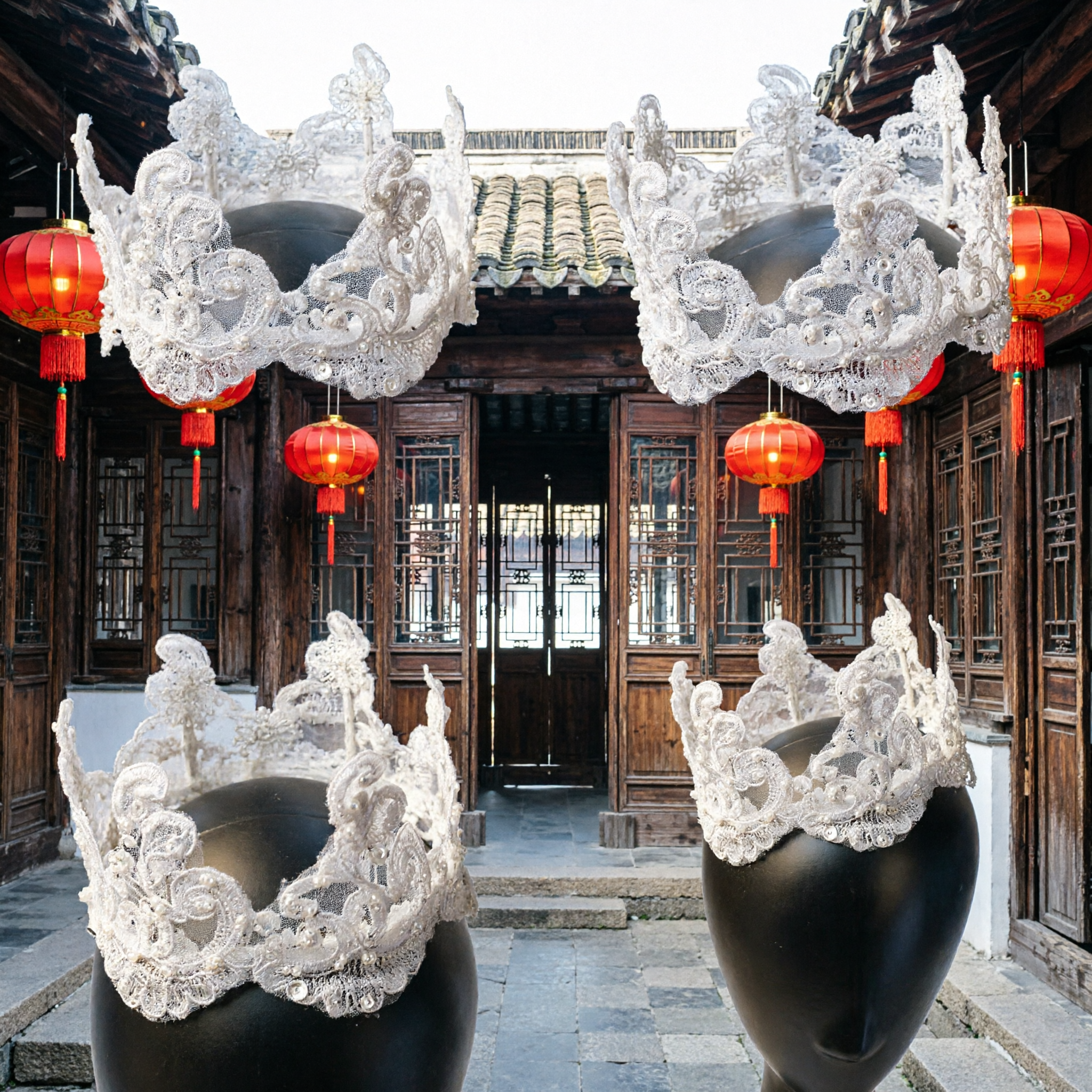 Tiara Coroa de Renda Branca Requintada para Noiva de Casamento, Primeira Comunhão, Concurso, Traje Tradicional Folclórico, Acessório de Cabeça - Asian Costume