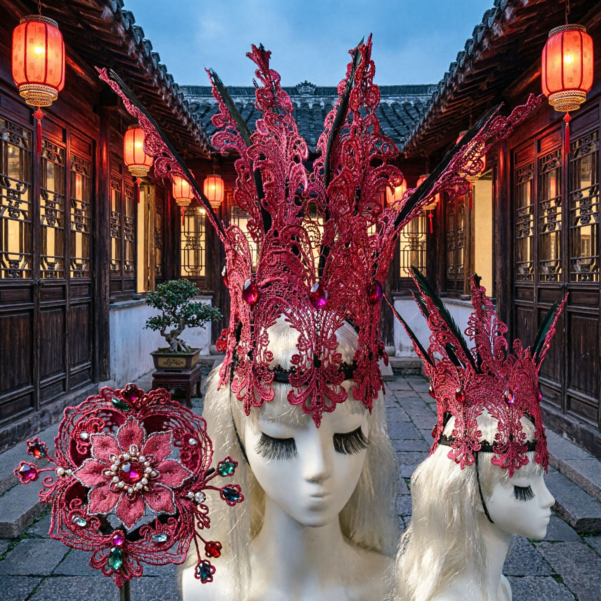 Bordowa Koronka Pióro Nakrycie Głowy Korona dla Kobiet Karnawał Maskarada Występ Sceniczny Kostium Akcesorium - Asian Costume